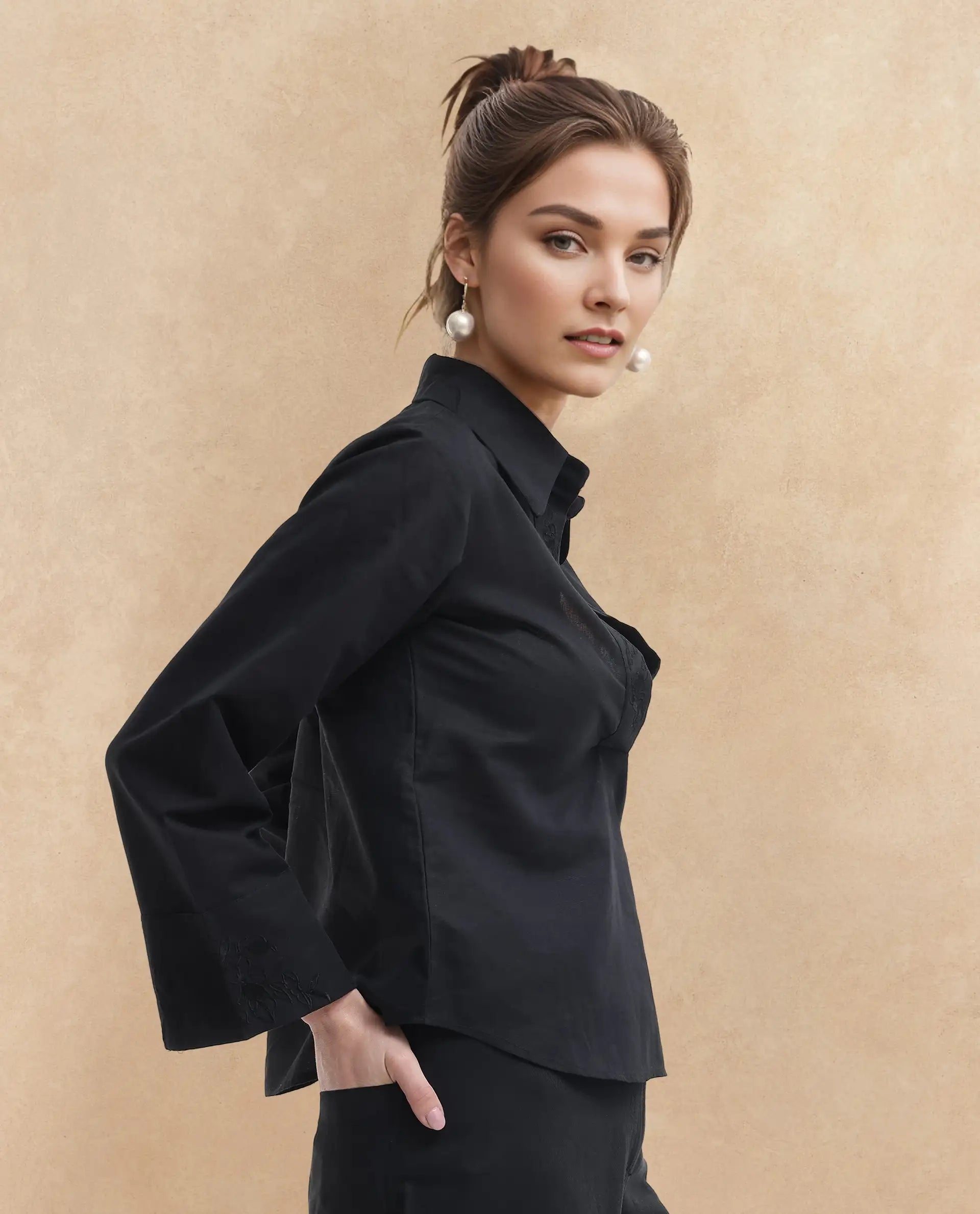 Rareism Women Sofian Black Cotton Linen Fabric Regular Sleeves Collared Neck Solid Regular Length Top