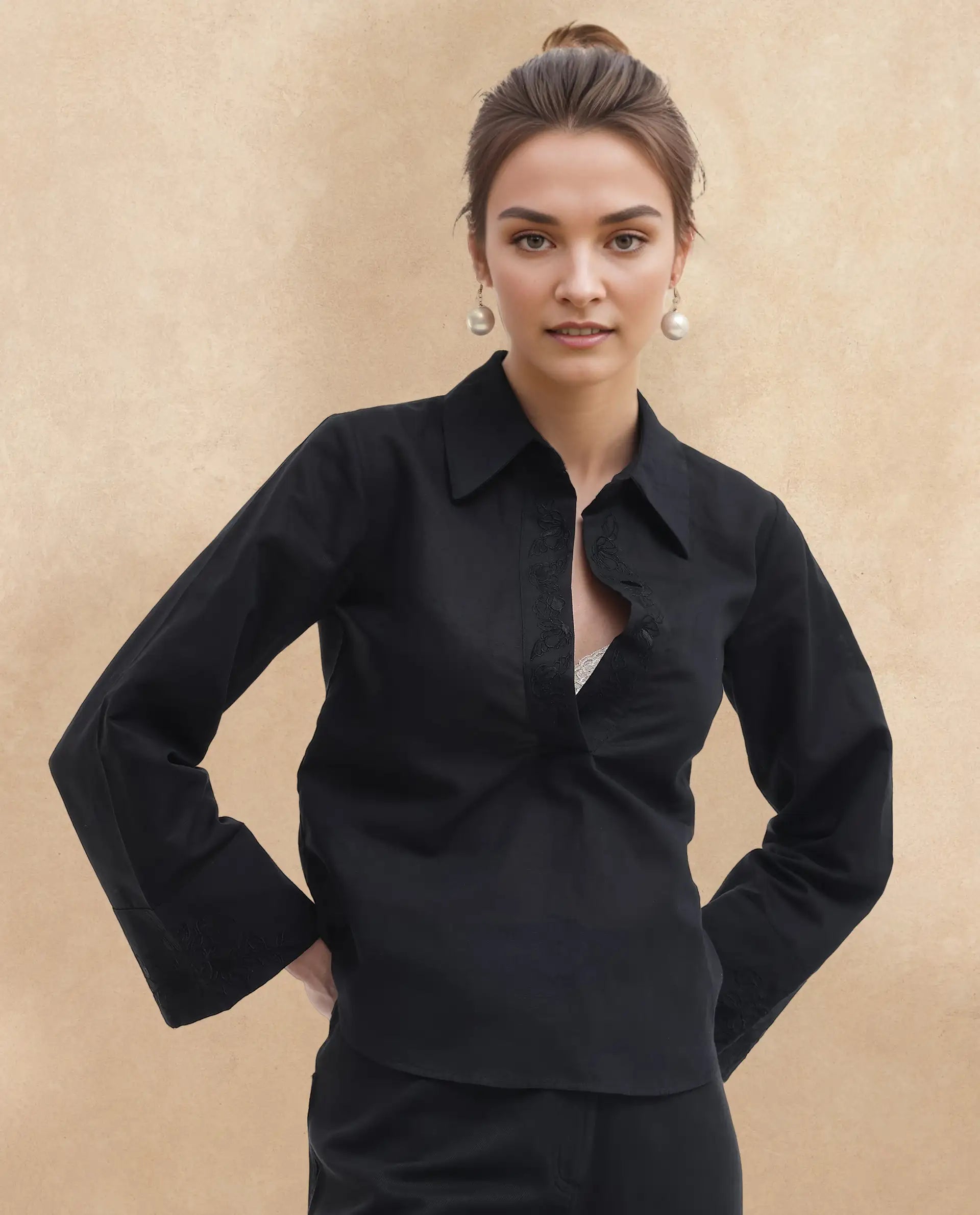 Rareism Women Sofian Black Cotton Linen Fabric Regular Sleeves Collared Neck Solid Regular Length Top