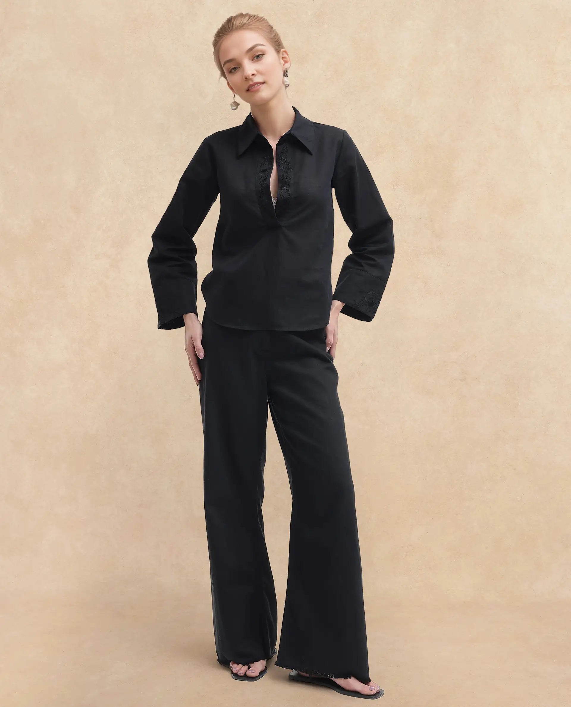 Rareism Women Sofian Black Cotton Linen Fabric Regular Sleeves Collared Neck Solid Regular Length Top