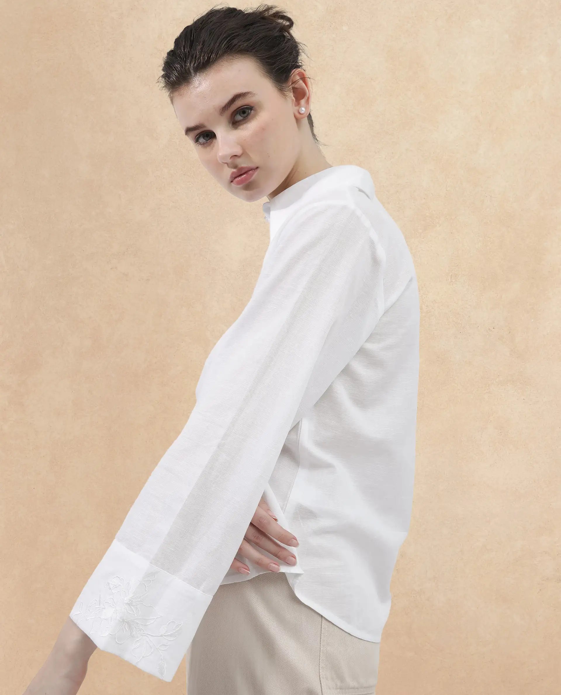 Rareism Women Sofian White Cotton Linen Fabric Regular Sleeves Collared Neck Solid Regular Length Top