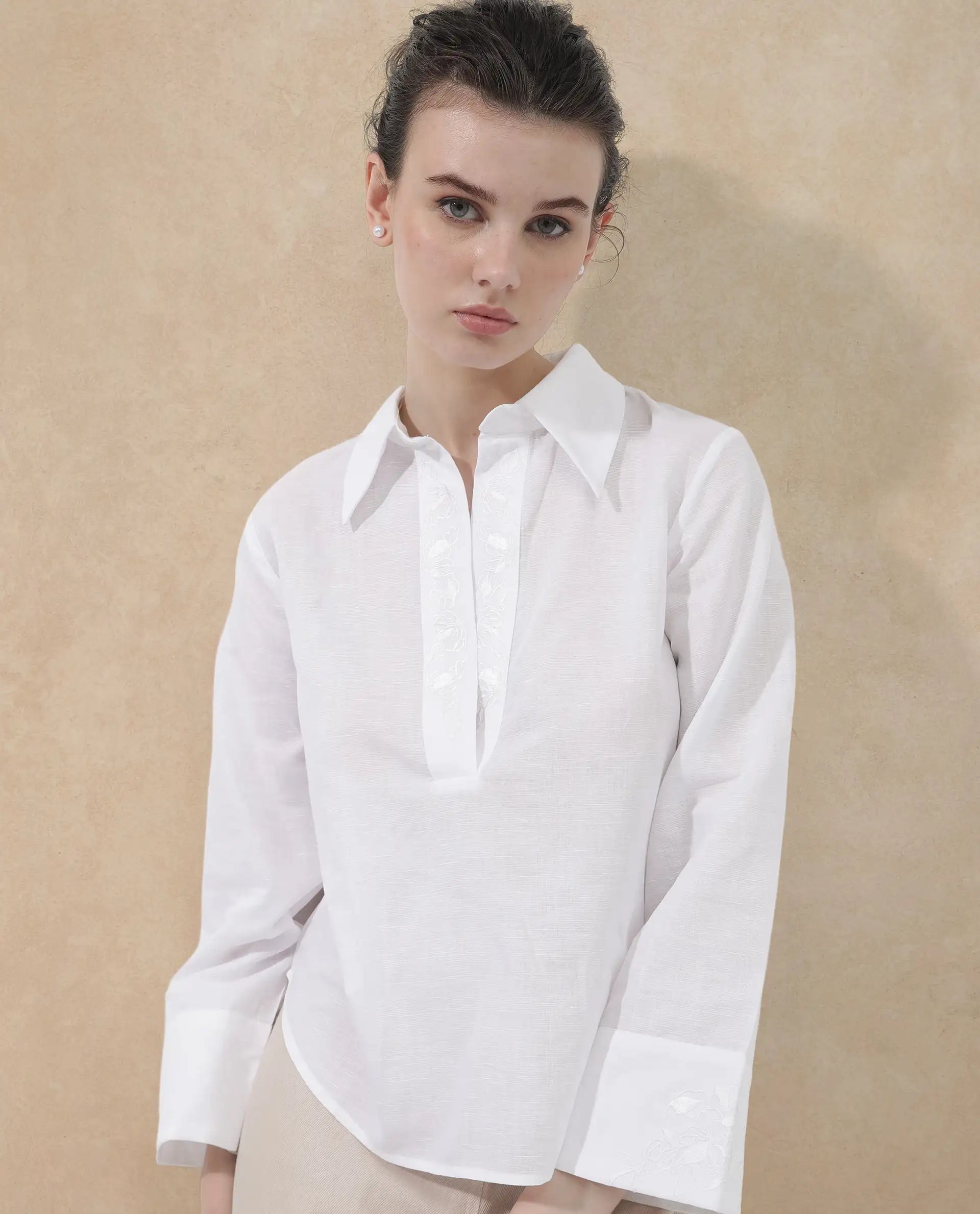 Rareism Women Sofian White Cotton Linen Fabric Regular Sleeves Collared Neck Solid Regular Length Top