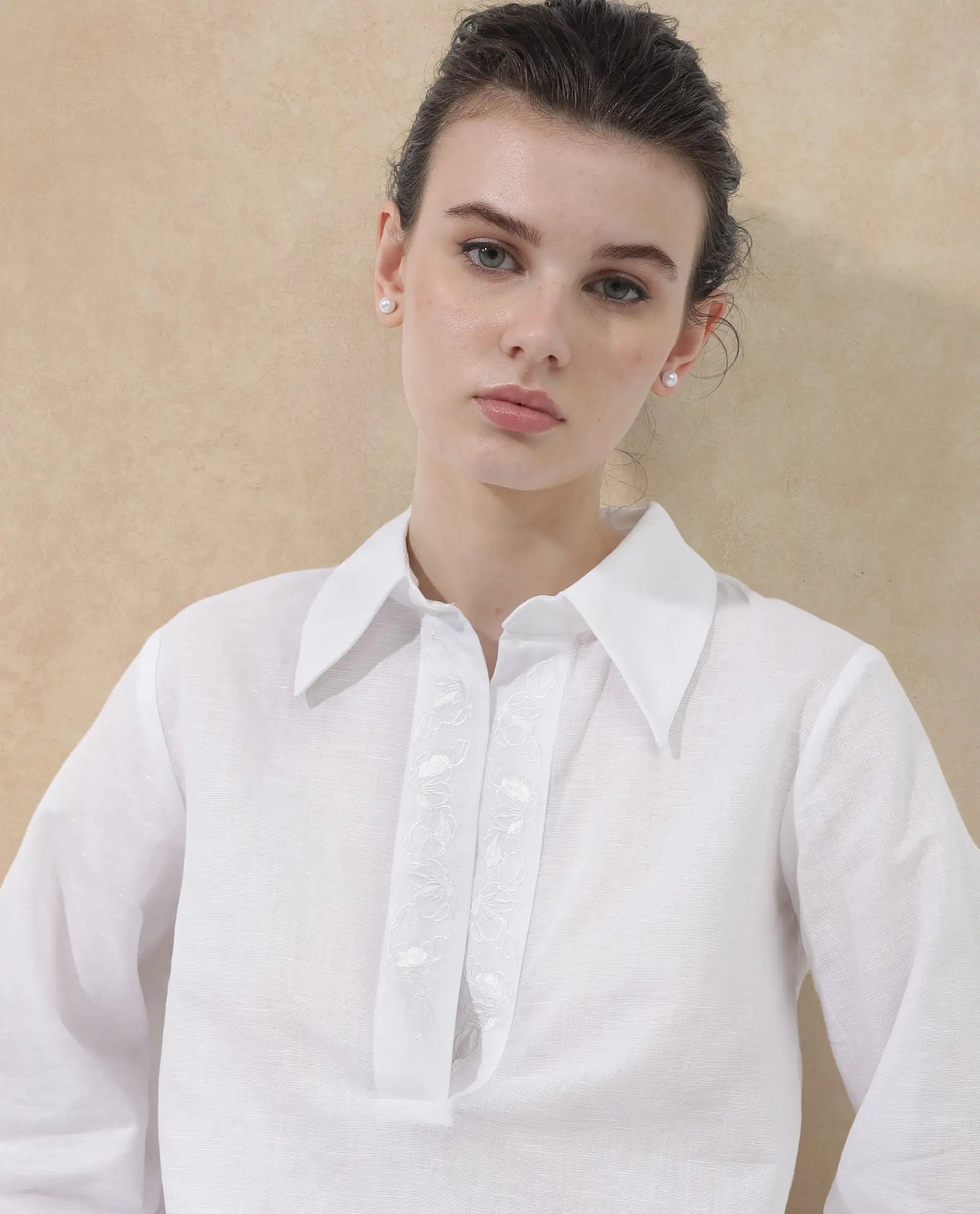 Rareism Women Sofian White Cotton Linen Fabric Regular Sleeves Collared Neck Solid Regular Length Top