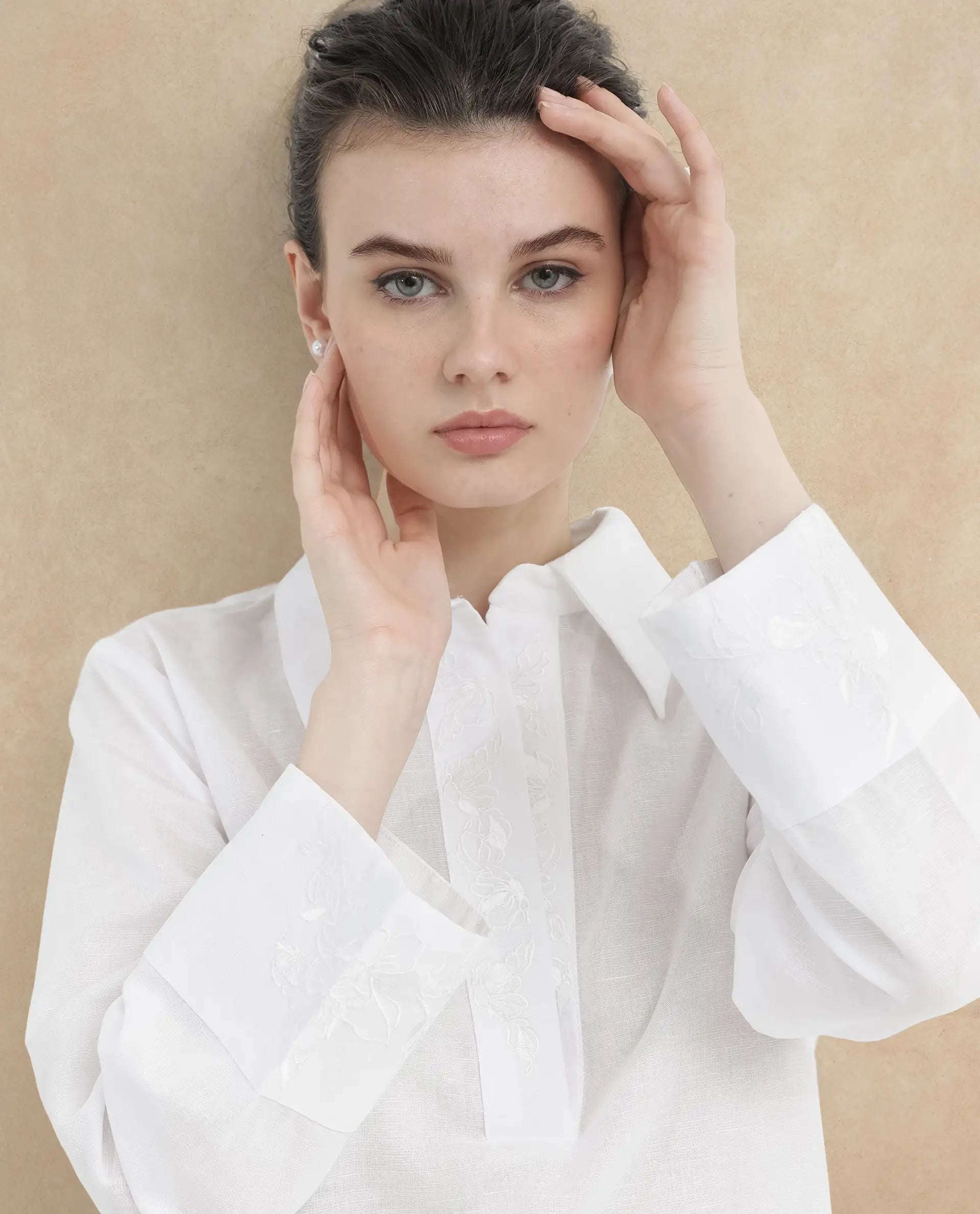 Rareism Women Sofian White Cotton Linen Fabric Regular Sleeves Collared Neck Solid Regular Length Top