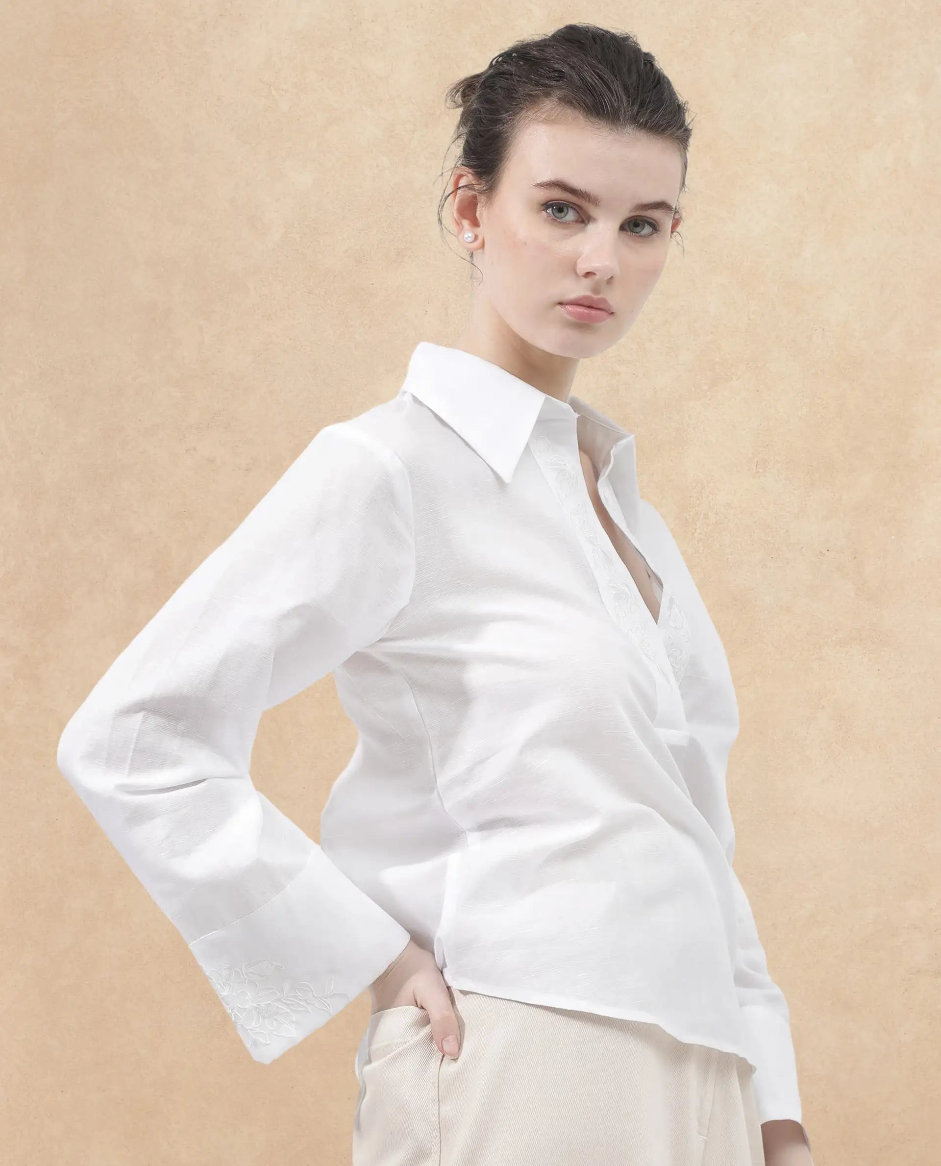 Rareism Women Sofian White Cotton Linen Fabric Regular Sleeves Collared Neck Solid Regular Length Top