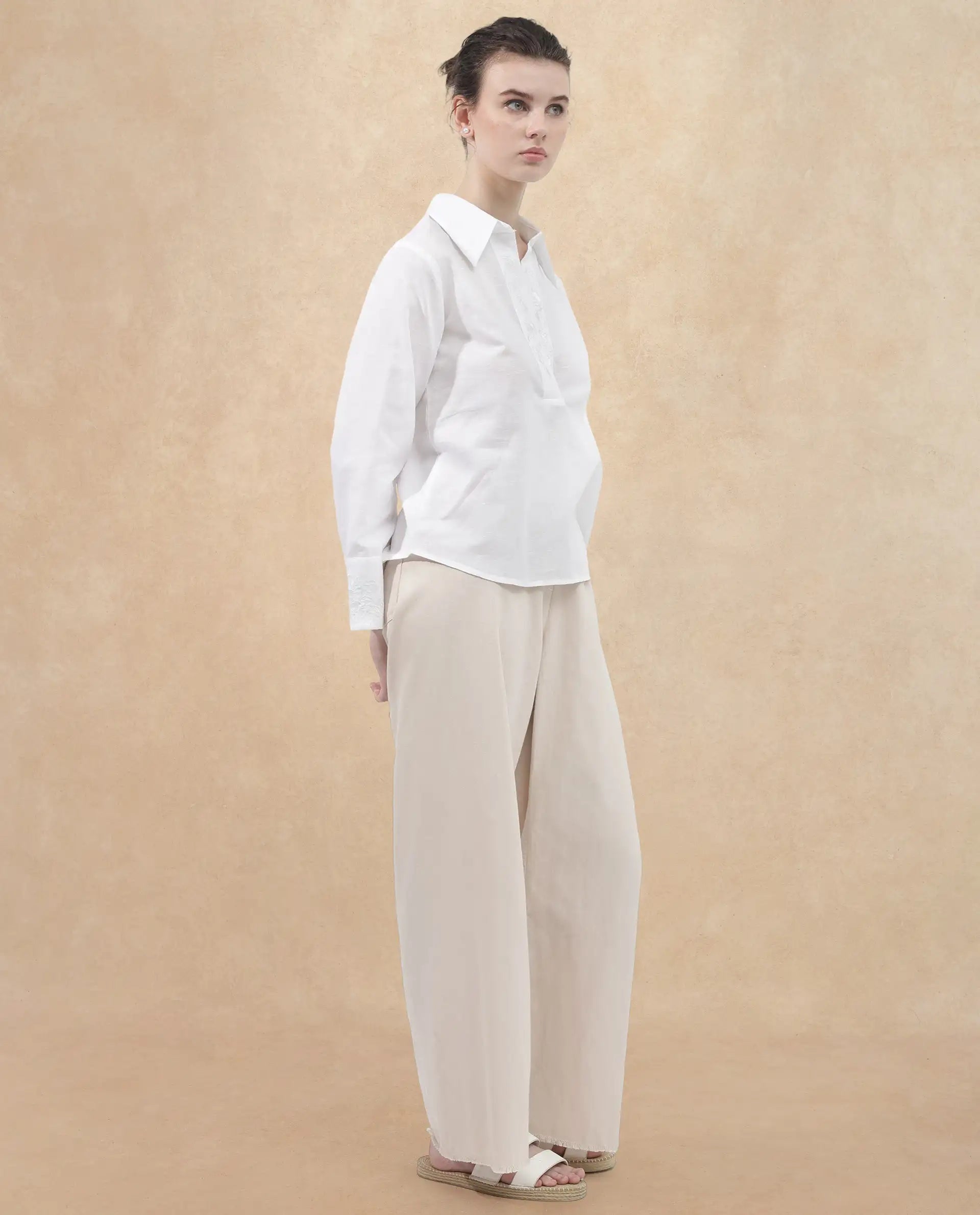 Rareism Women Sofian White Cotton Linen Fabric Regular Sleeves Collared Neck Solid Regular Length Top