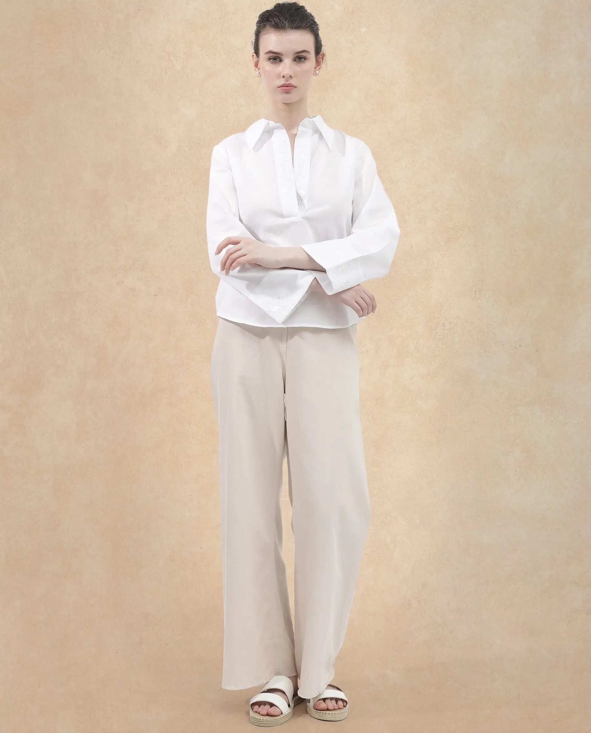 Rareism Women Sofian White Cotton Linen Fabric Regular Sleeves Collared Neck Solid Regular Length Top