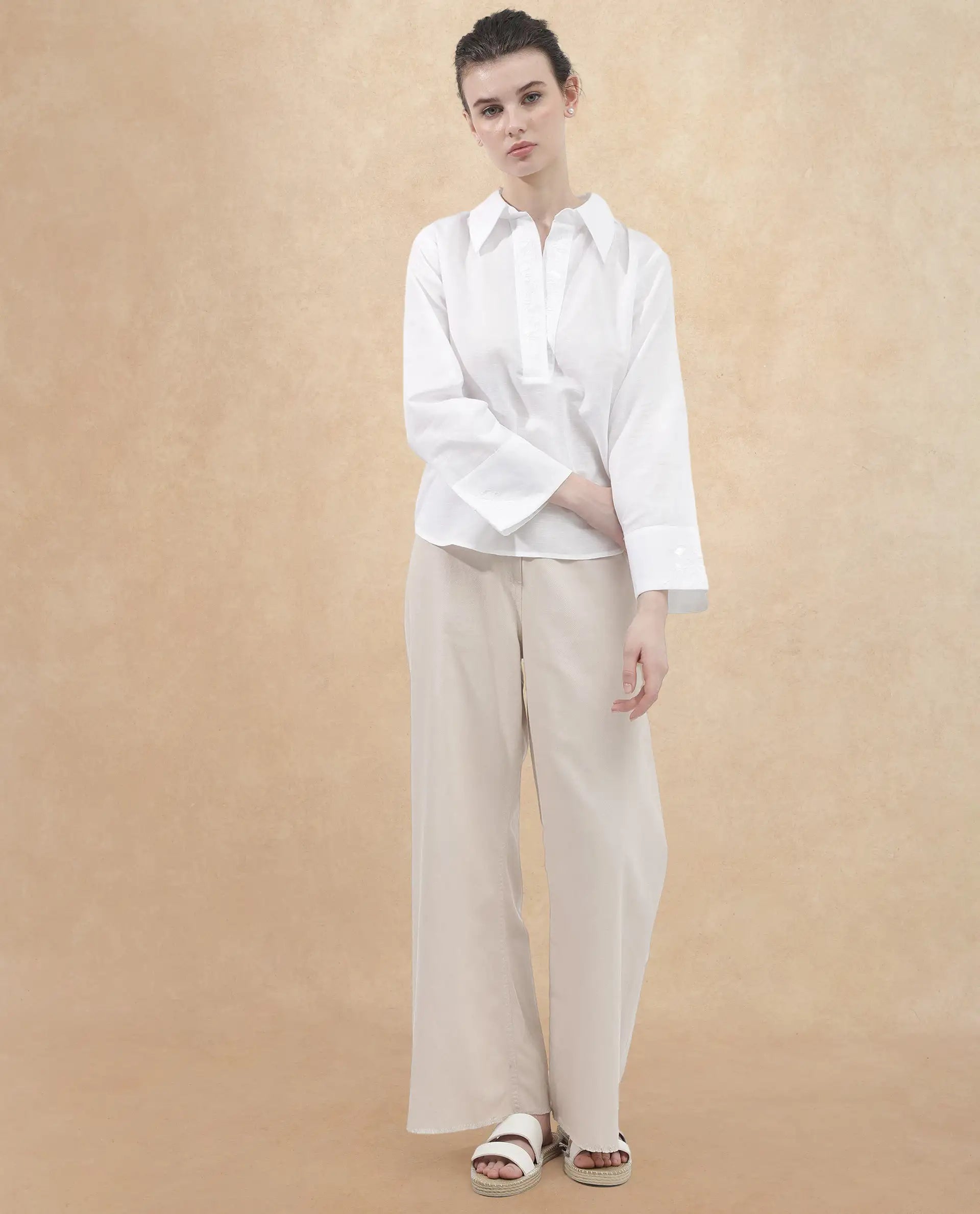 Rareism Women Sofian White Cotton Linen Fabric Regular Sleeves Collared Neck Solid Regular Length Top