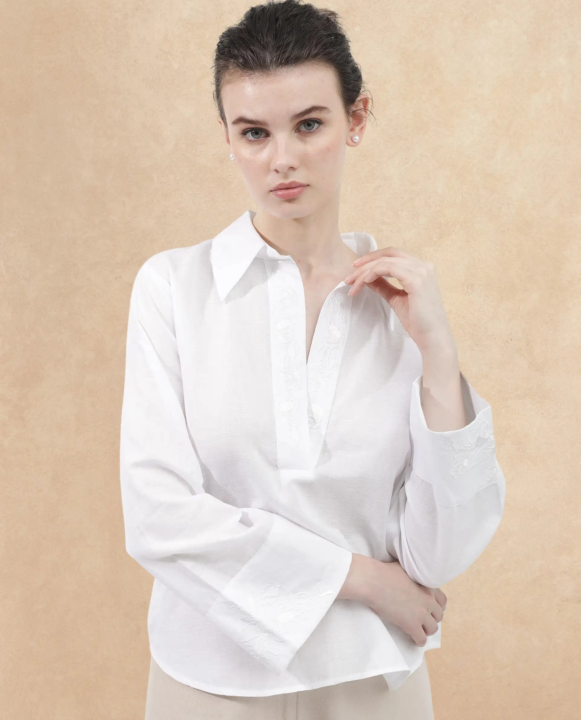 Rareism Women Sofian White Cotton Linen Fabric Regular Sleeves Collared Neck Solid Regular Length Top