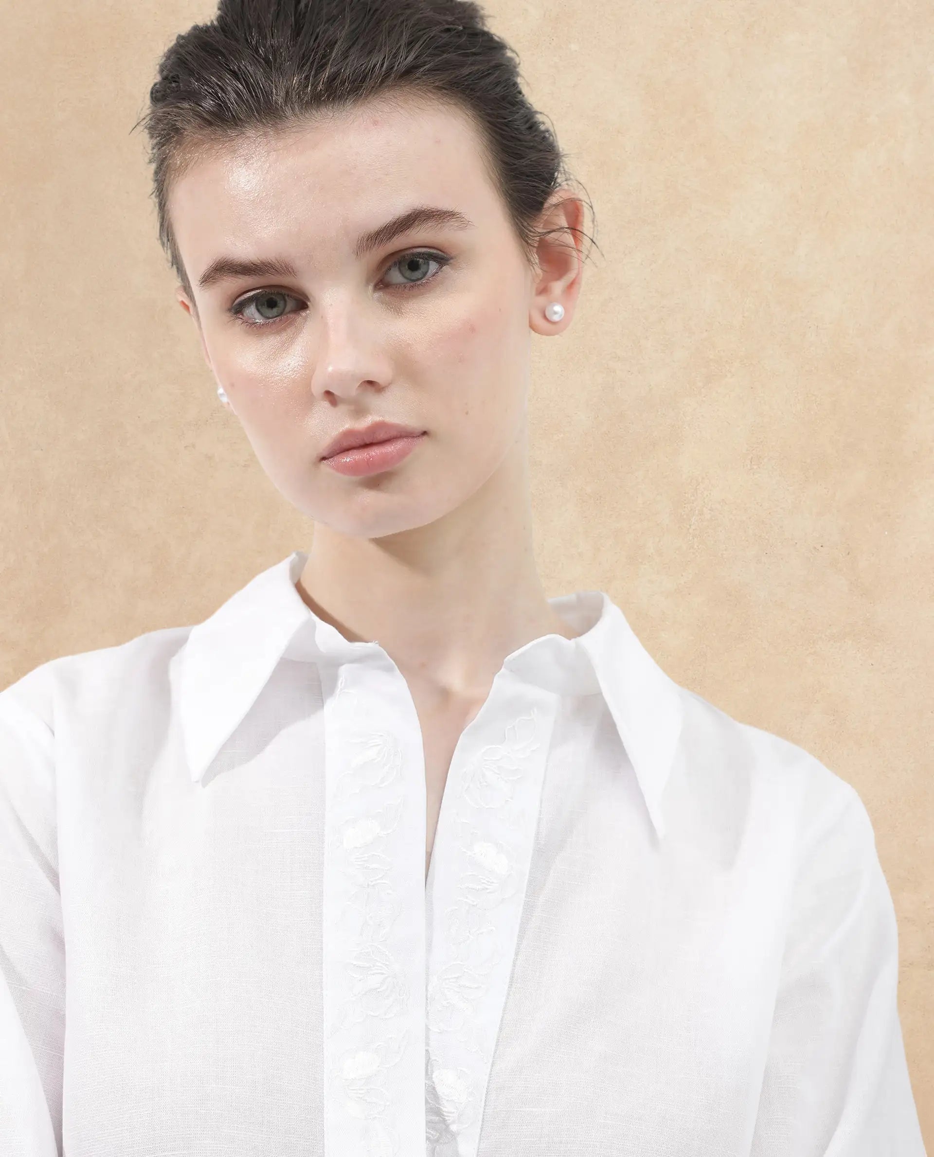 Rareism Women Sofian White Cotton Linen Fabric Regular Sleeves Collared Neck Solid Regular Length Top