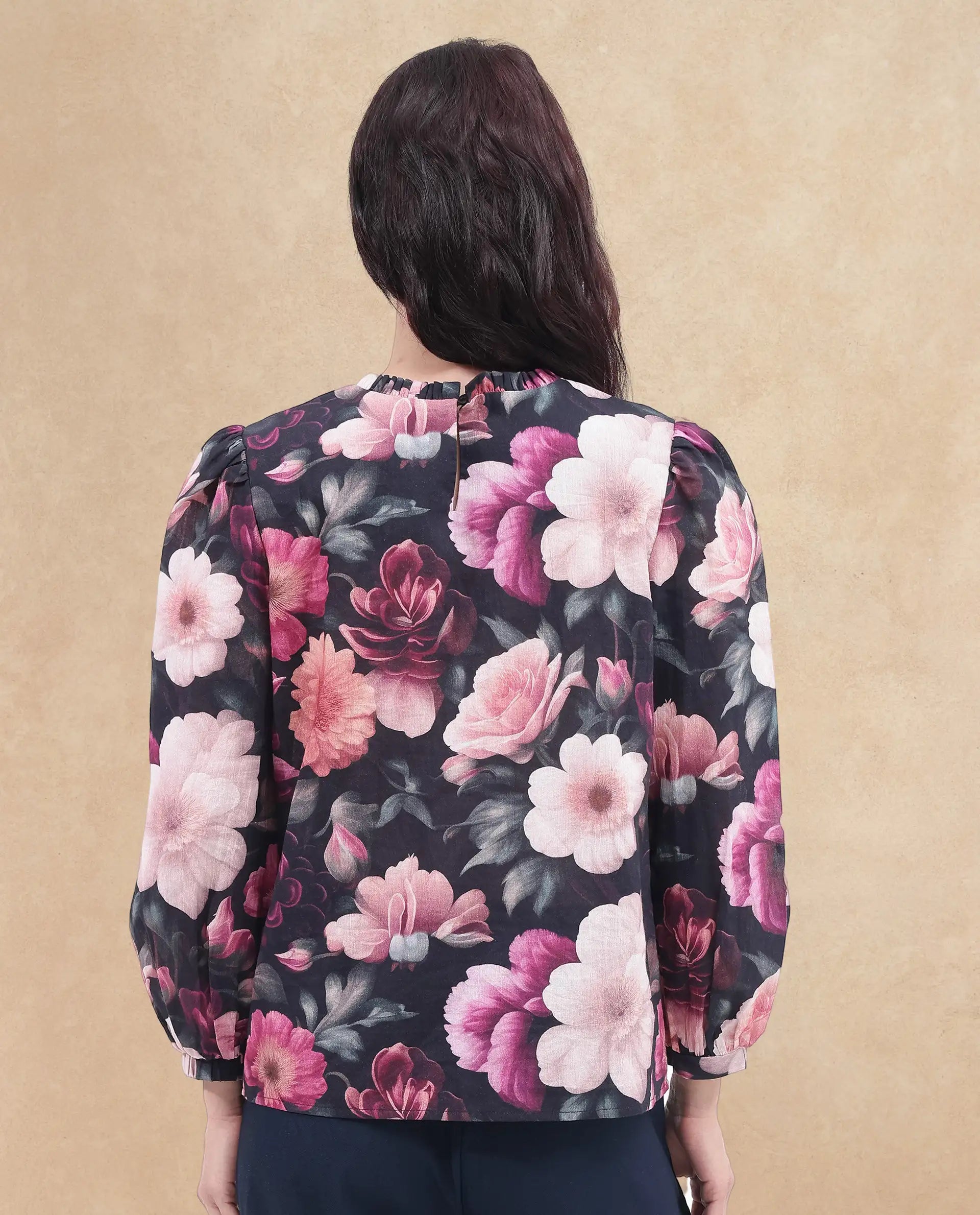 Rareism Women Sola Black Bishop Sleeve Ruffled Neck Floral Print Top