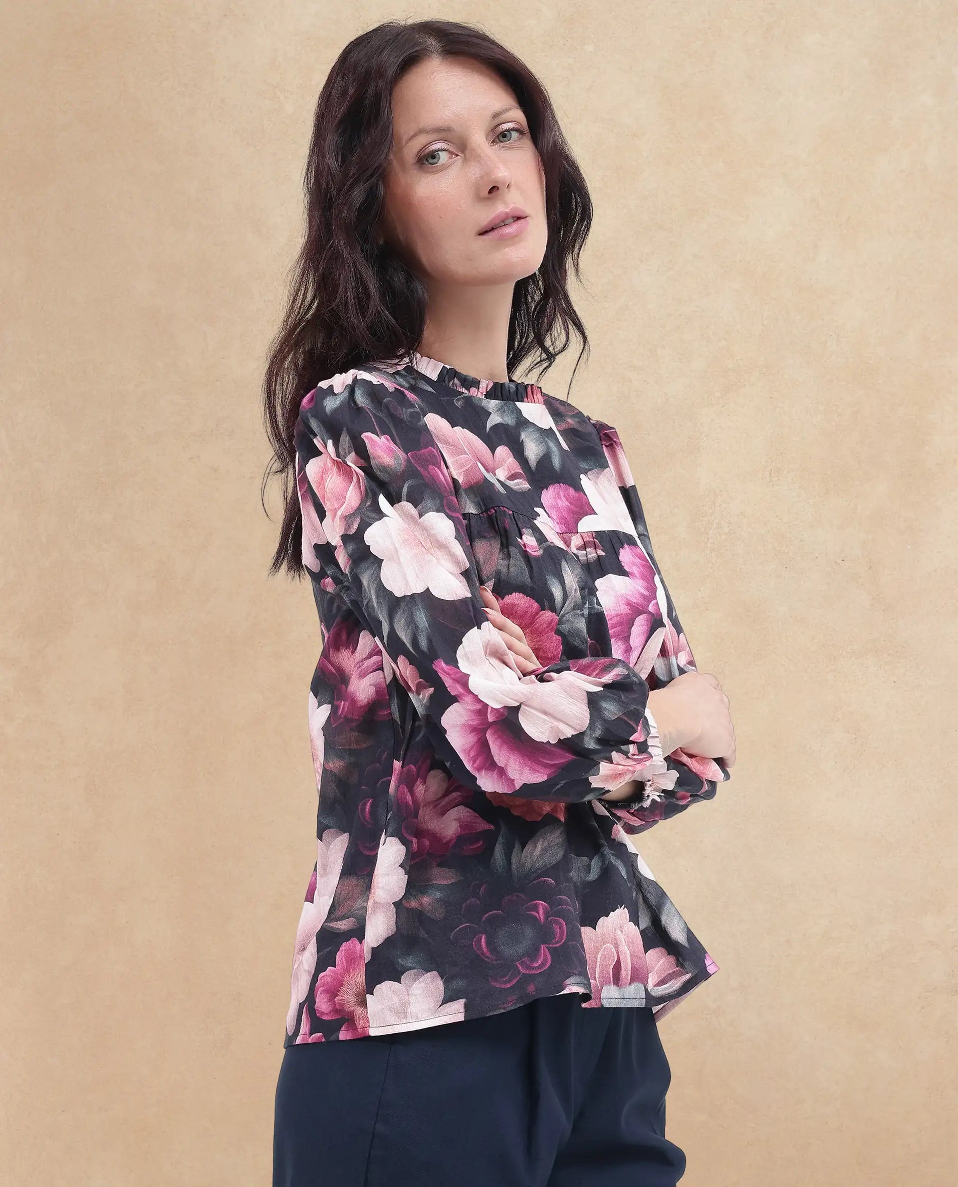 Rareism Women Sola Black Bishop Sleeve Ruffled Neck Floral Print Top