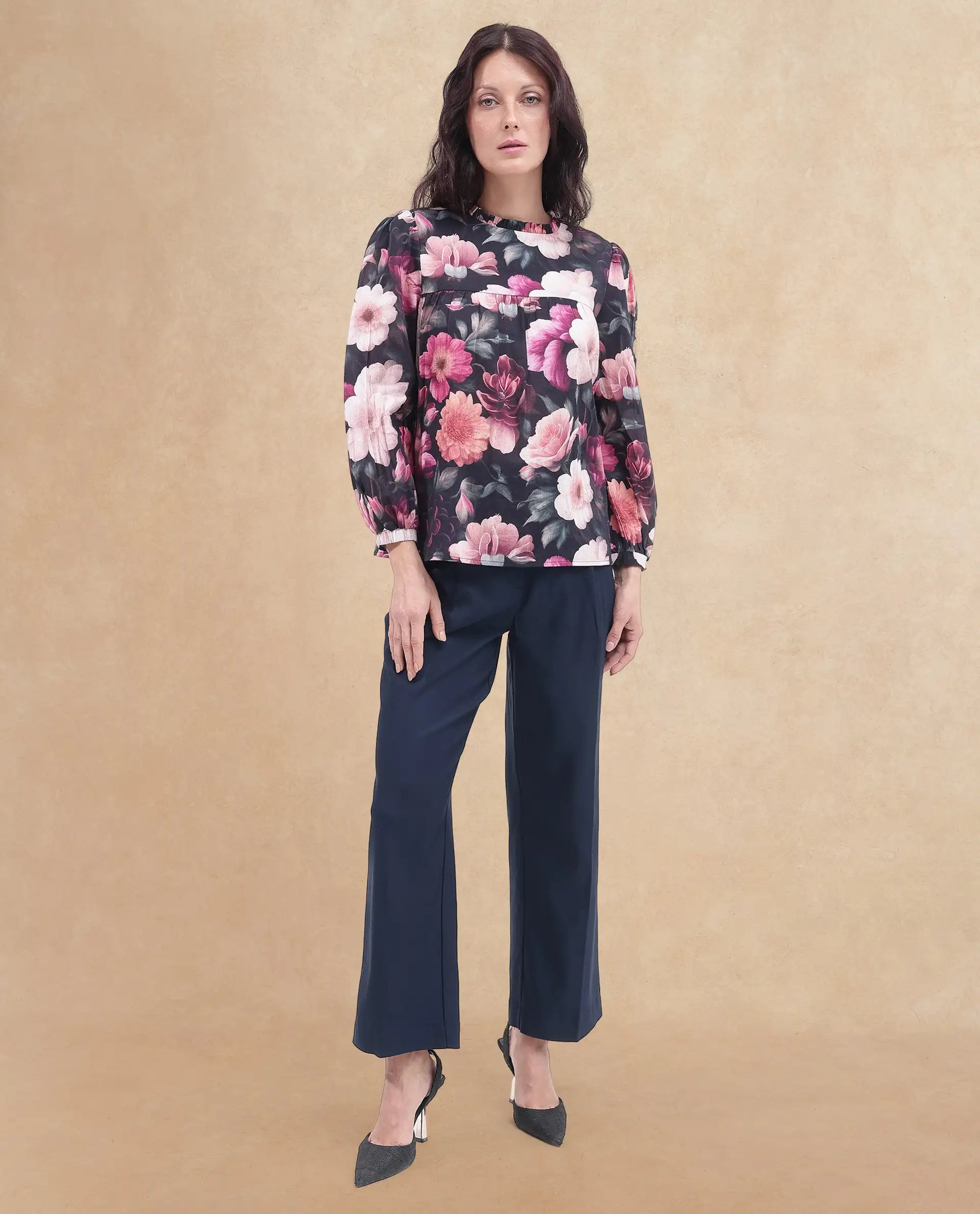 Rareism Women Sola Black Bishop Sleeve Ruffled Neck Floral Print Top