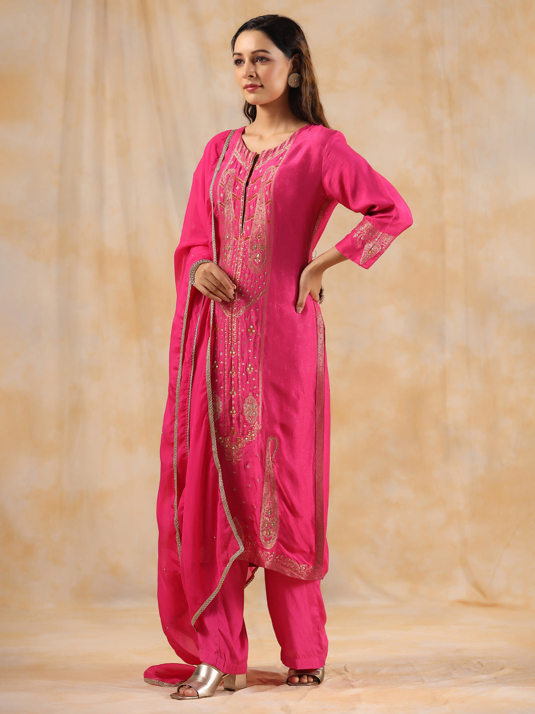 Zardozi Embroidered Silk Hot Pink  Straight Kurta With Palazzo And Dupatta