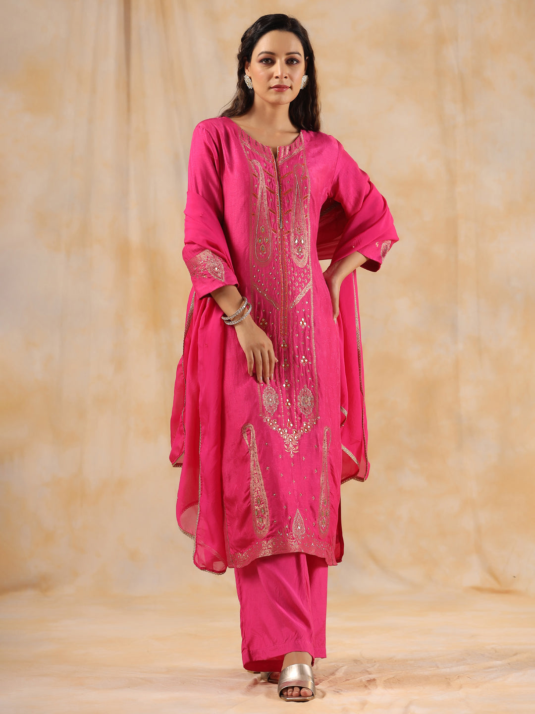 Zardozi Embroidered Silk Hot Pink  Straight Kurta With Palazzo And Dupatta