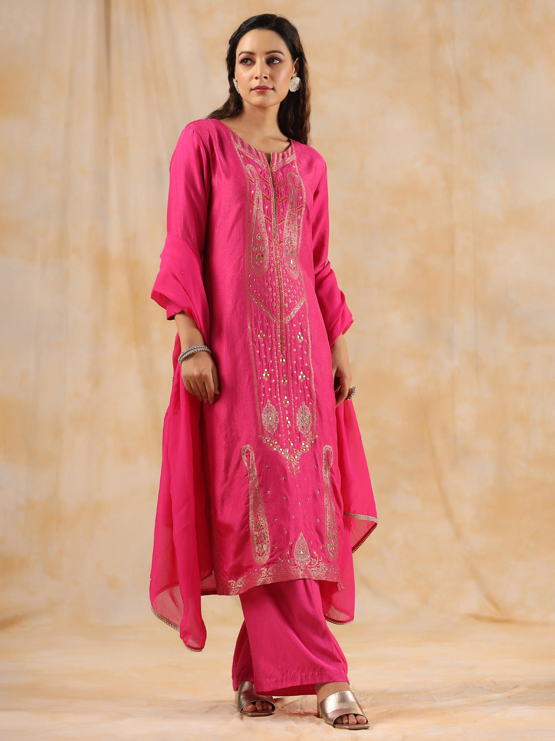 Zardozi Embroidered Silk Hot Pink  Straight Kurta With Palazzo And Dupatta