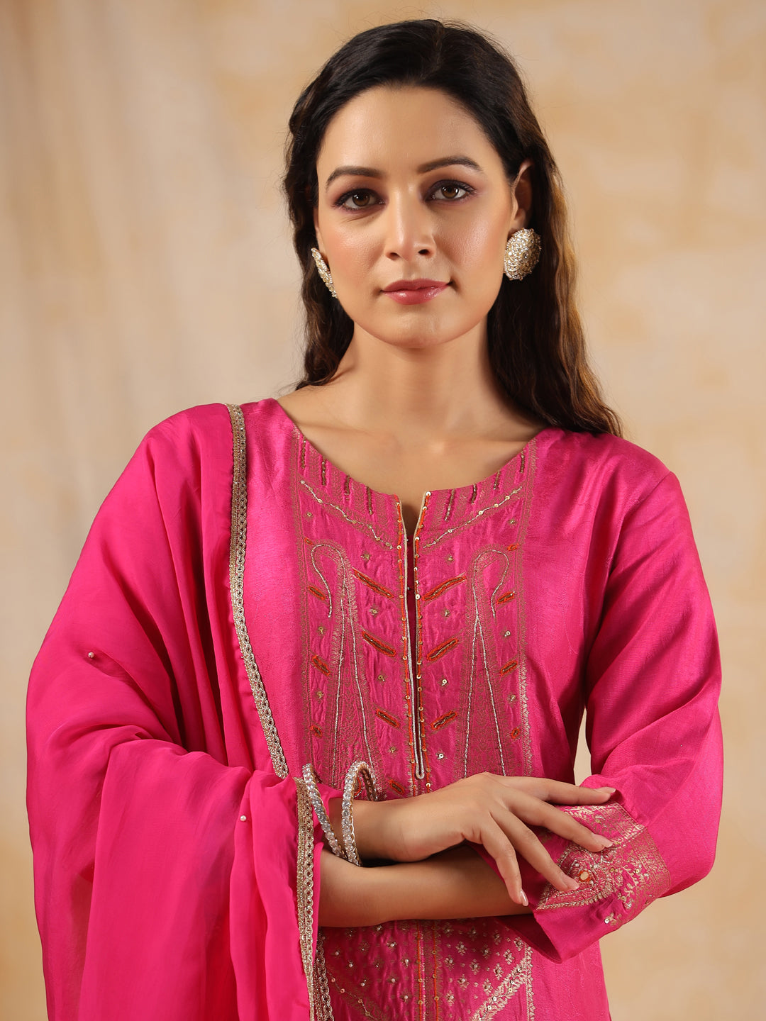 Zardozi Embroidered Silk Hot Pink  Straight Kurta With Palazzo And Dupatta