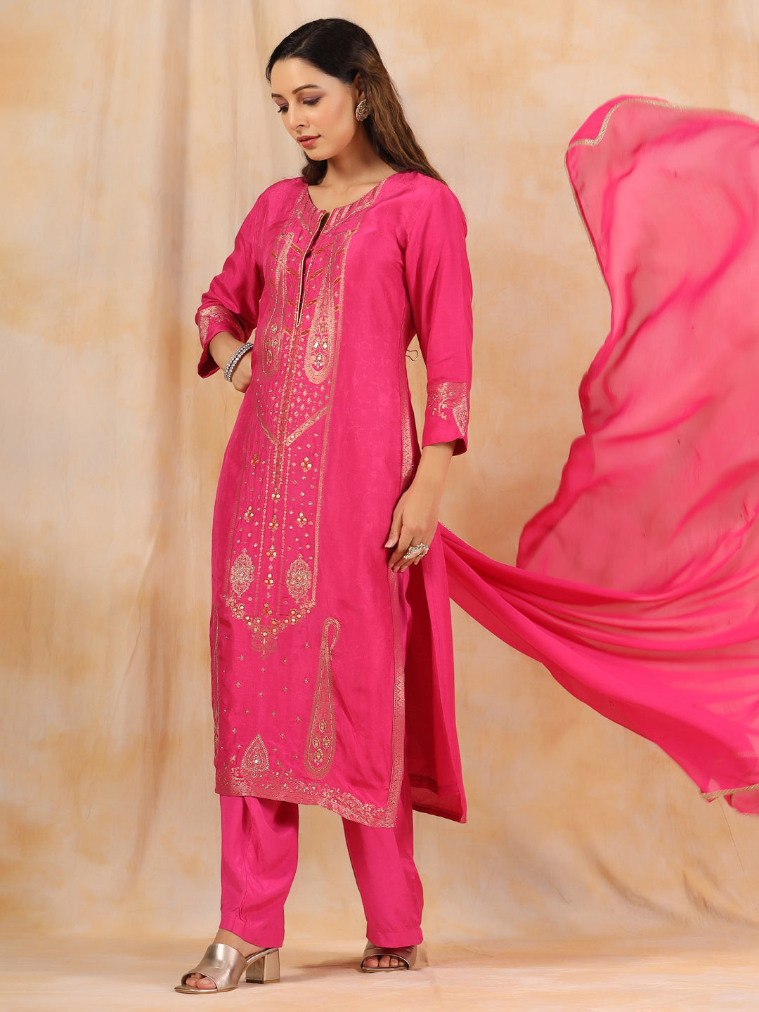Zardozi Embroidered Silk Hot Pink  Straight Kurta With Palazzo And Dupatta