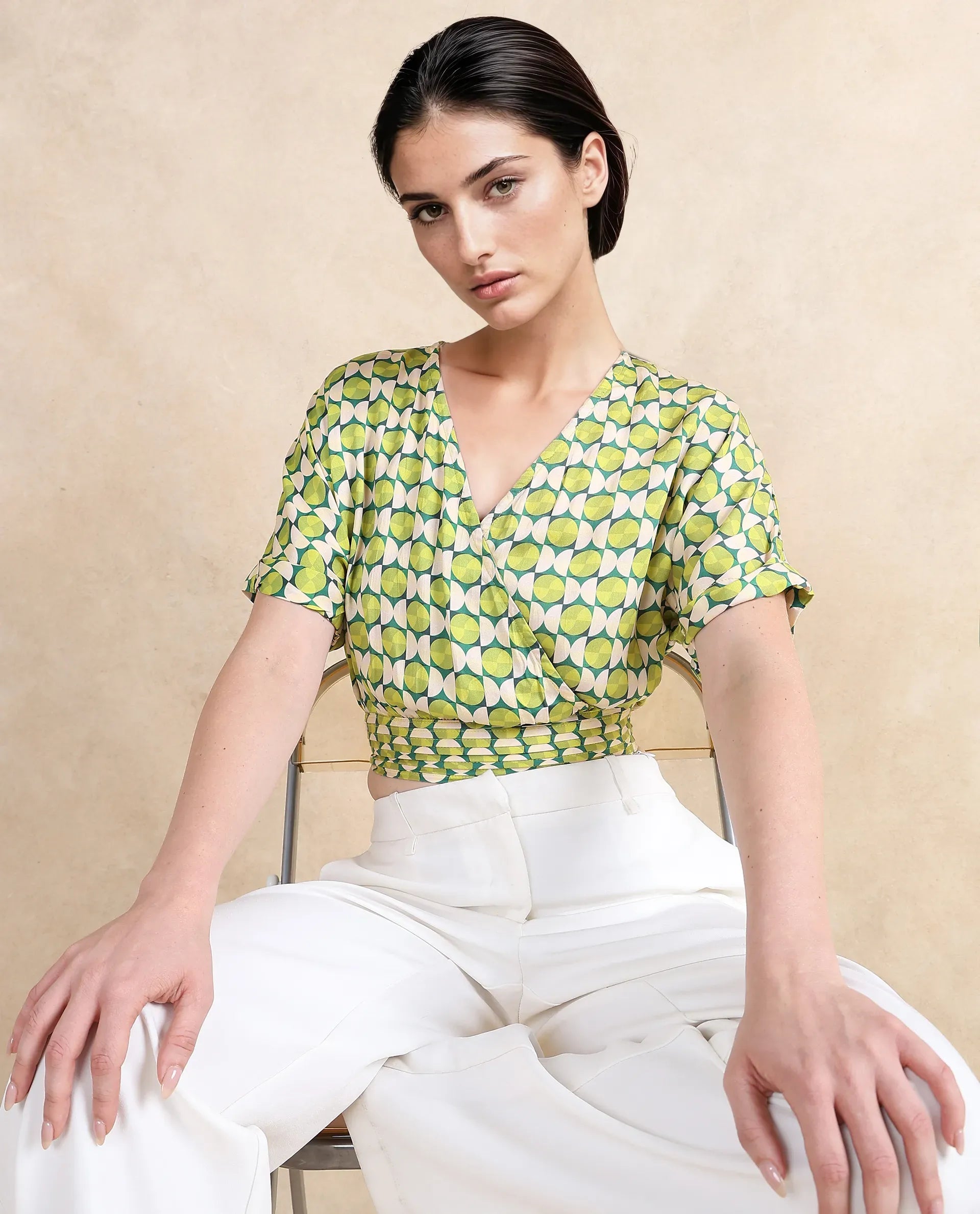 Rareism Women Stabia Green Extended Sleeves Over Lap Neck  Cropped Geometric Print Top