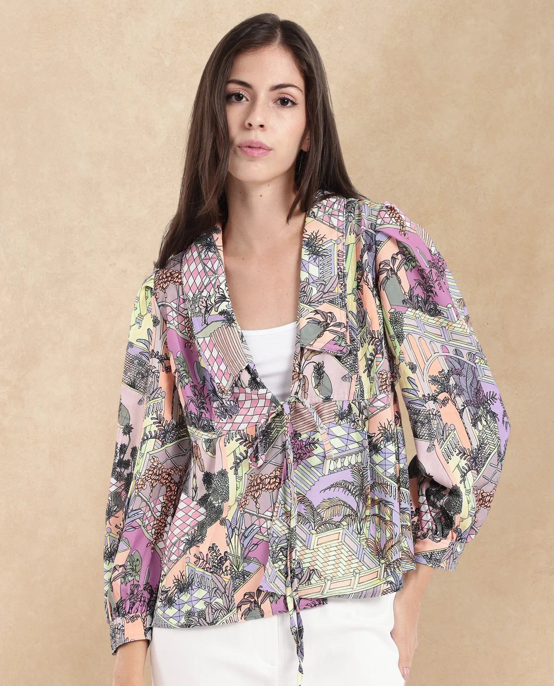 Rareism Women Stevie-T Light Multi Cuffed Sleeve Lapel Neck Loop Abstract Print Top