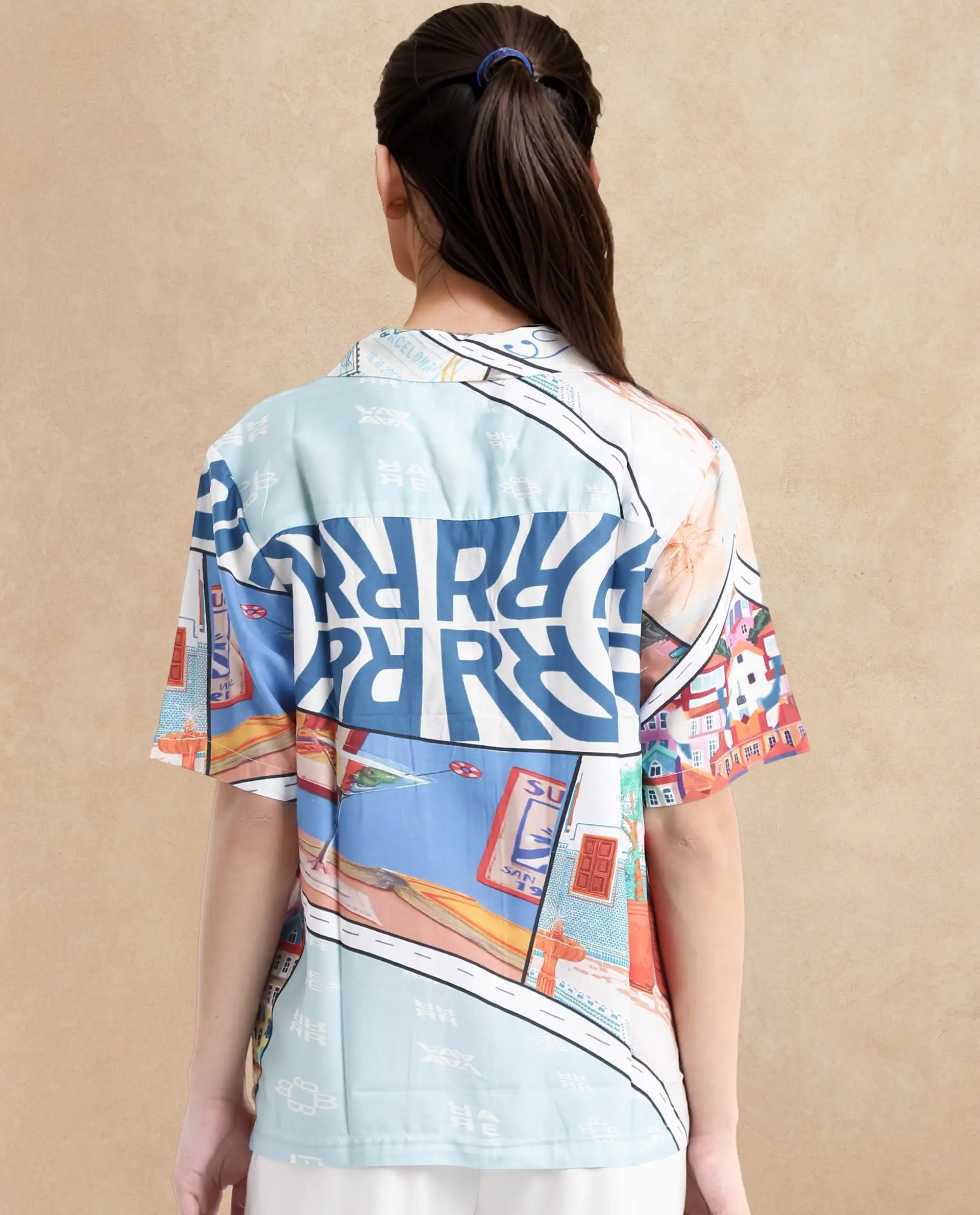 Rareism Women Surfer Light Multi Short Sleeve Collared Neck Button Closure Relaxed Fit Abstract Print Top