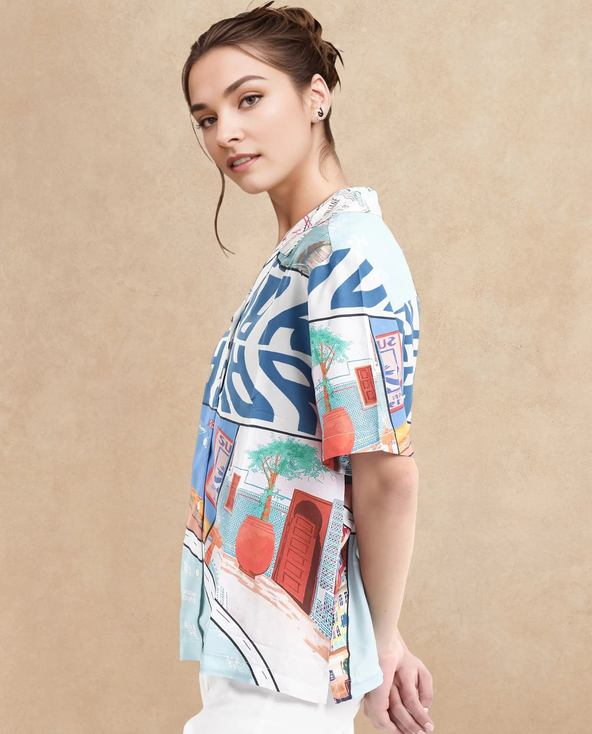 Rareism Women Surfer Light Multi Short Sleeve Collared Neck Button Closure Relaxed Fit Abstract Print Top