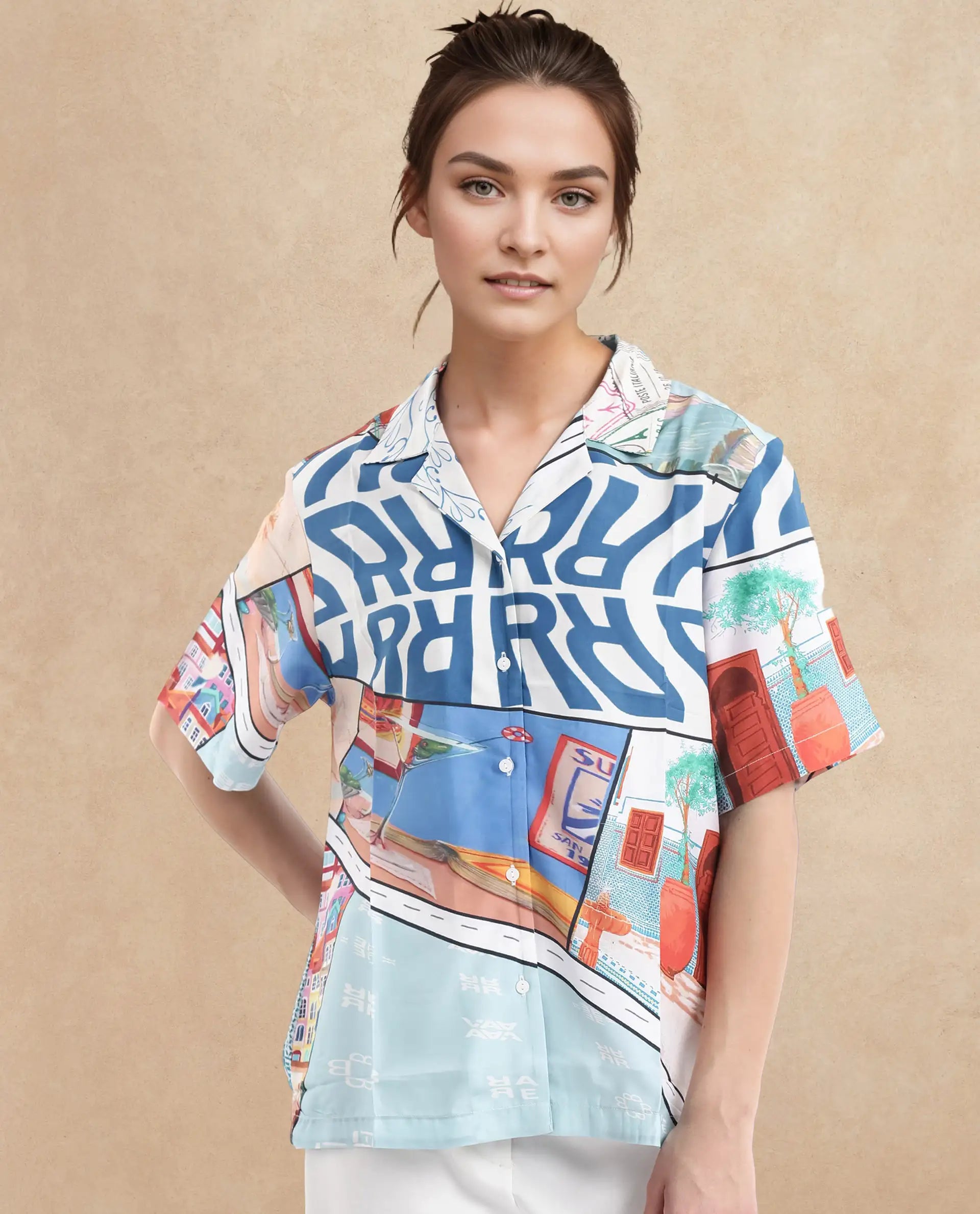 Rareism Women Surfer Light Multi Short Sleeve Collared Neck Button Closure Relaxed Fit Abstract Print Top