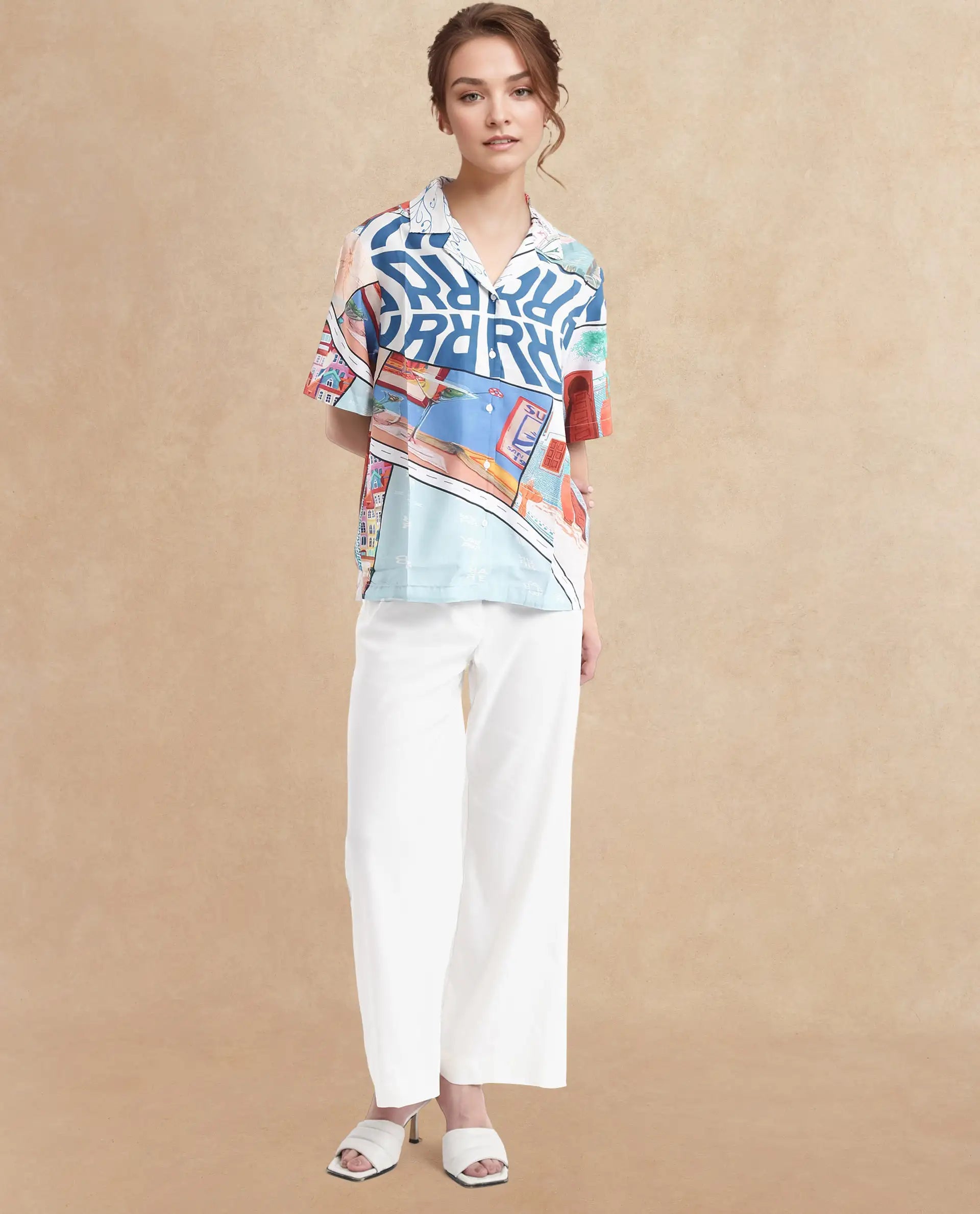 Rareism Women Surfer Light Multi Short Sleeve Collared Neck Button Closure Relaxed Fit Abstract Print Top