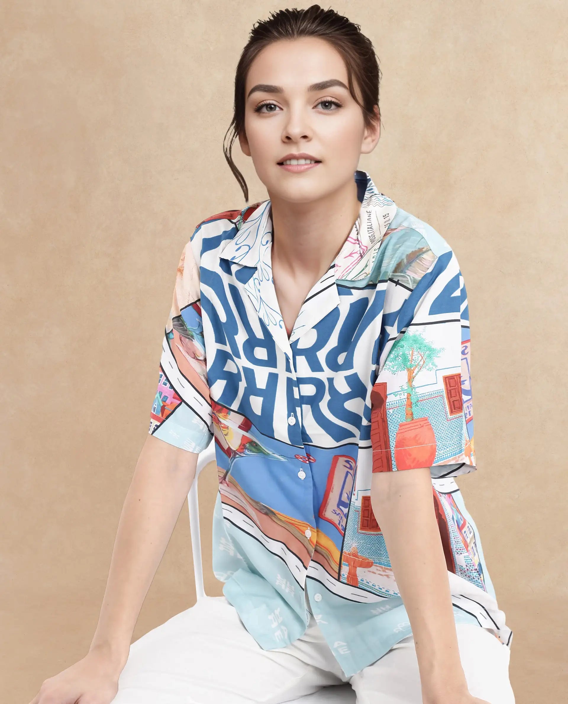 Rareism Women Surfer Light Multi Short Sleeve Collared Neck Button Closure Relaxed Fit Abstract Print Top