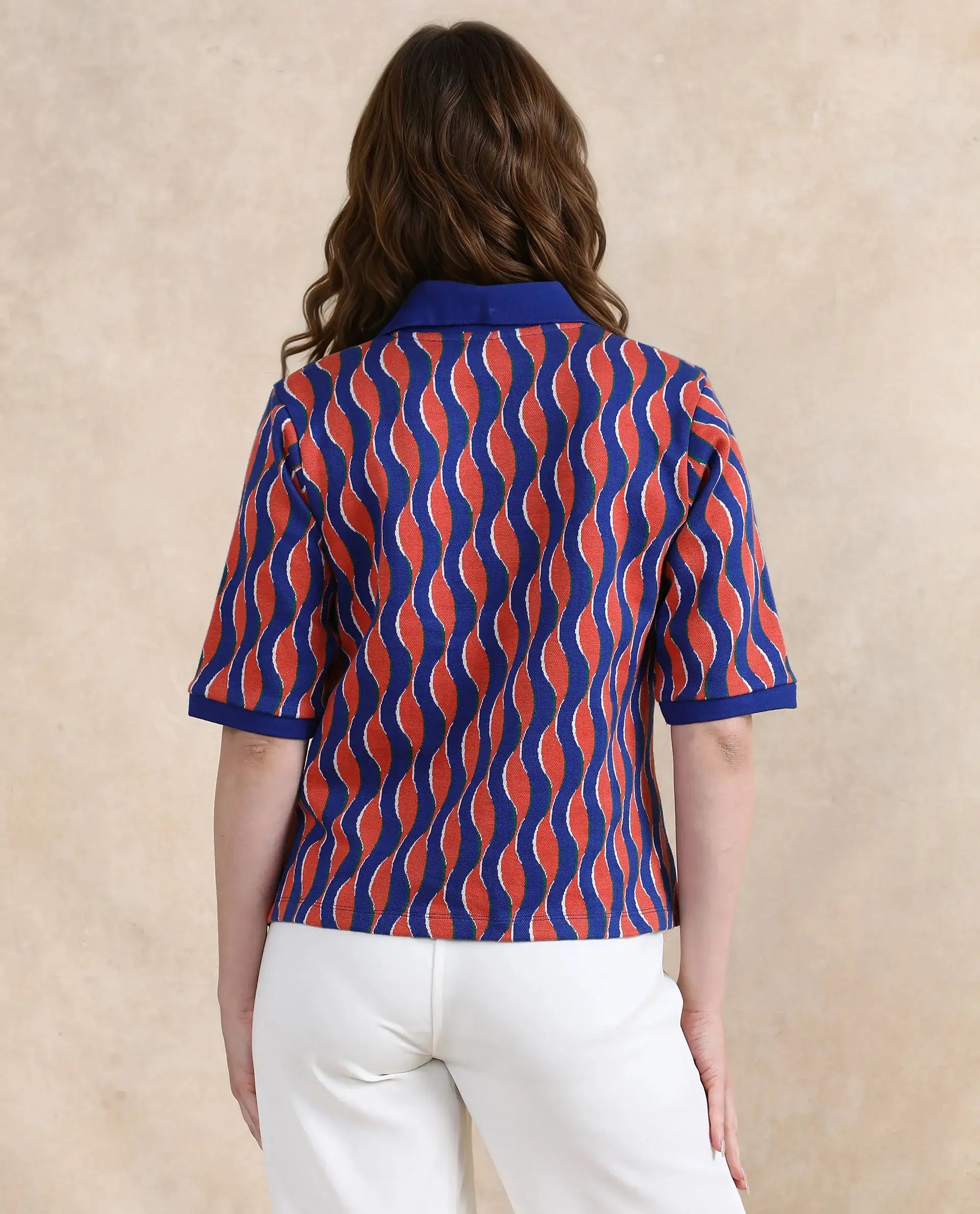 Rareism Women Sylvi Multi Cotton Fabric Short Sleeve Ribbed Collar Relaxed Fit Geometric Jacquard Top