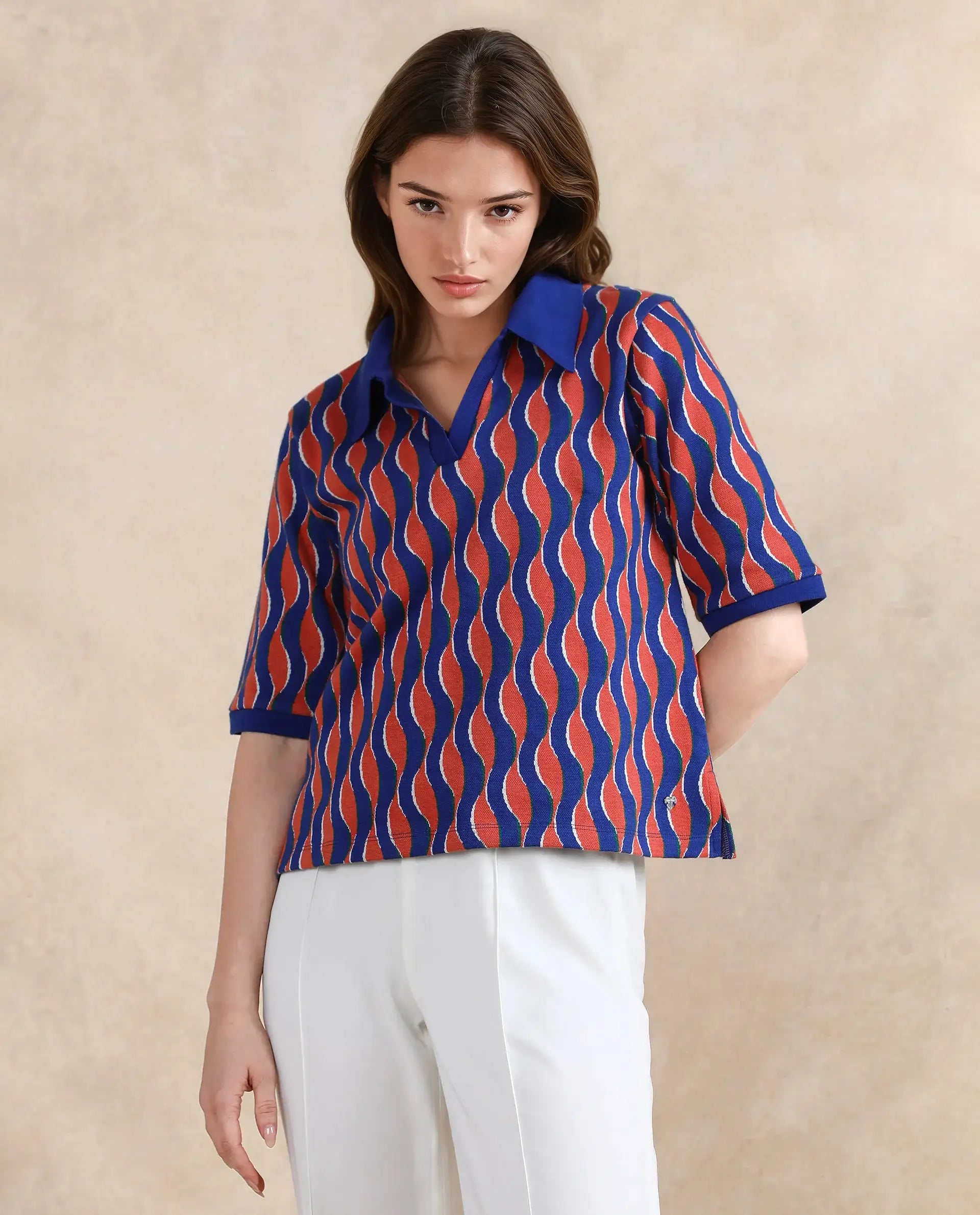 Rareism Women Sylvi Multi Cotton Fabric Short Sleeve Ribbed Collar Relaxed Fit Geometric Jacquard Top