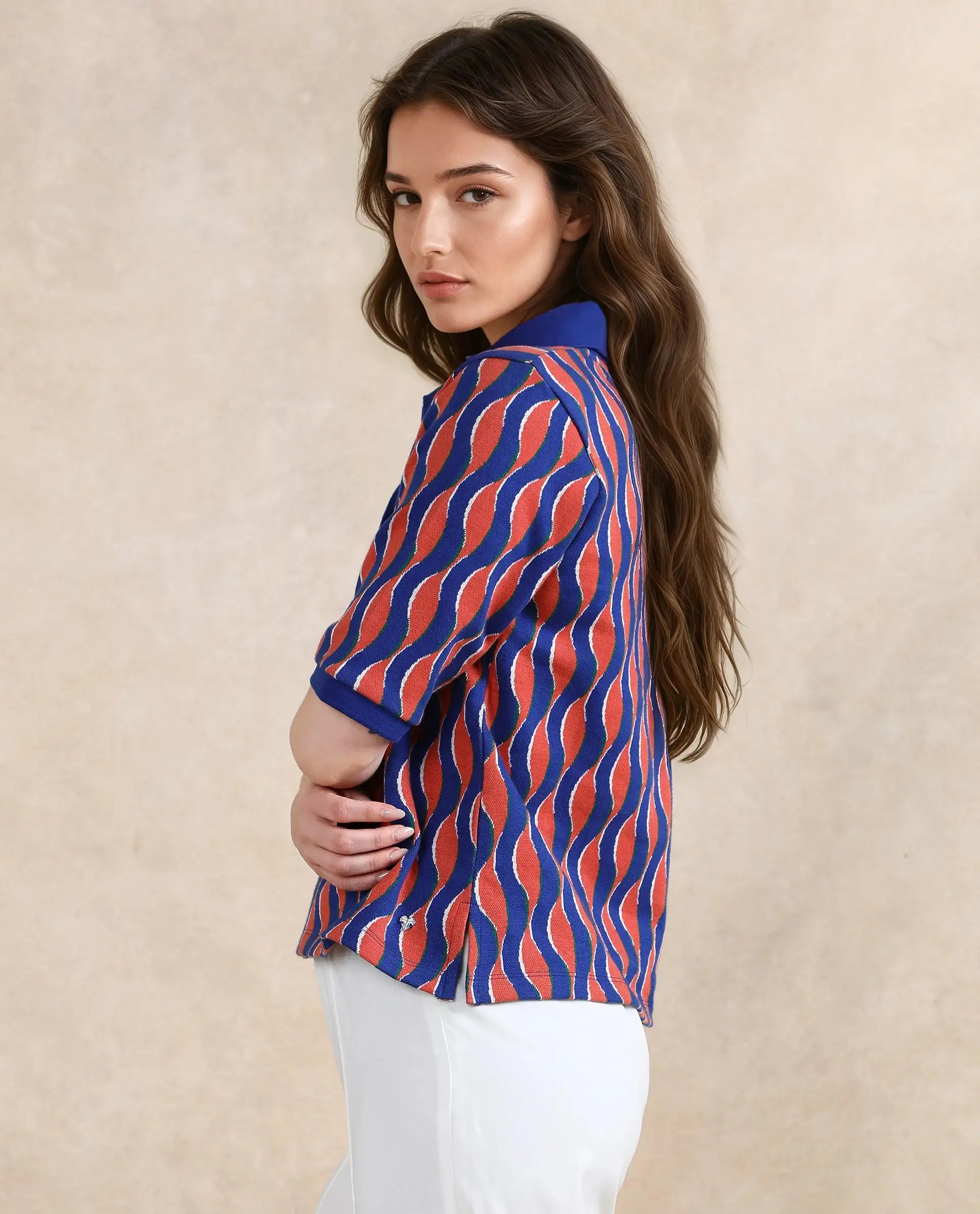 Rareism Women Sylvi Multi Cotton Fabric Short Sleeve Ribbed Collar Relaxed Fit Geometric Jacquard Top