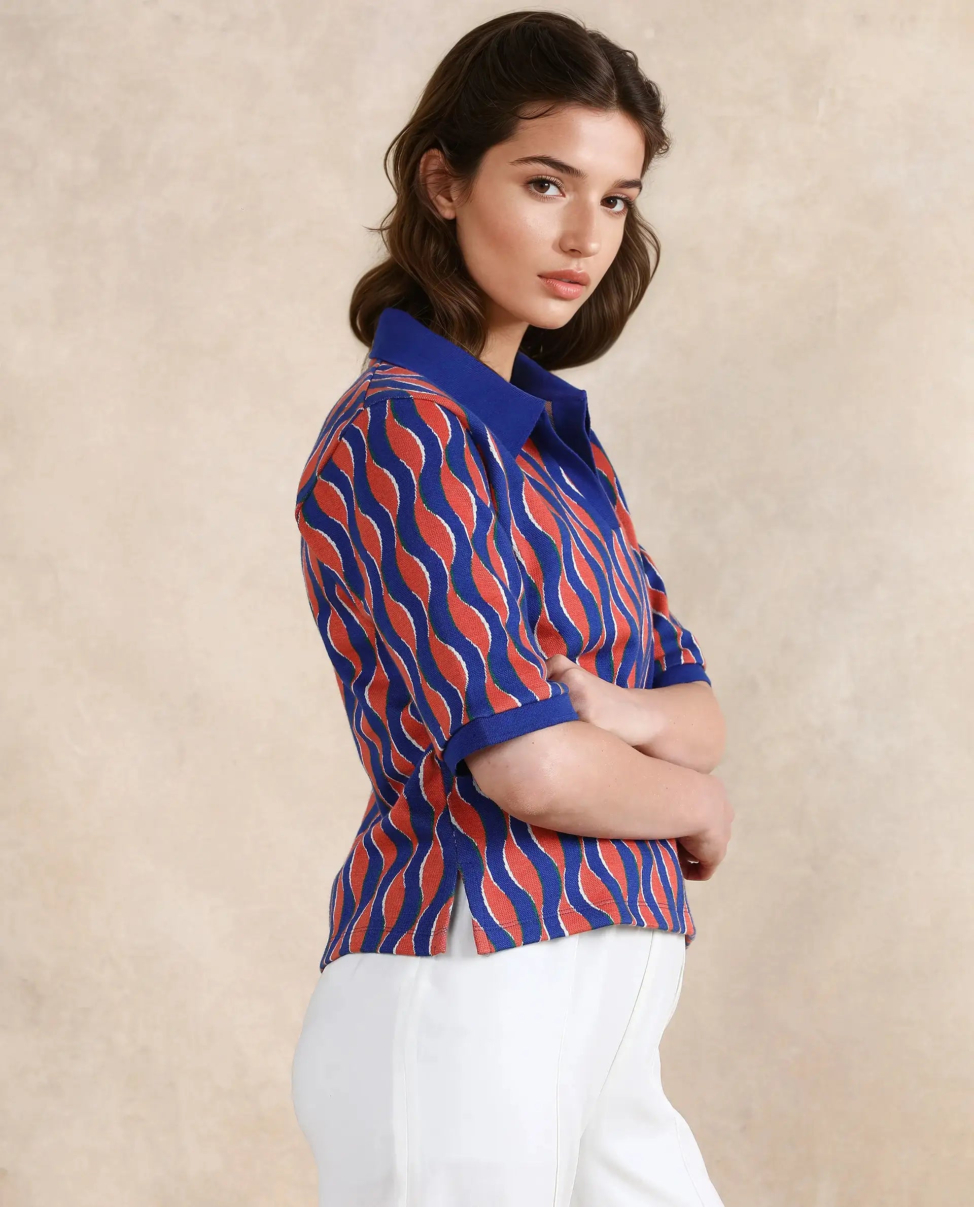 Rareism Women Sylvi Multi Cotton Fabric Short Sleeve Ribbed Collar Relaxed Fit Geometric Jacquard Top