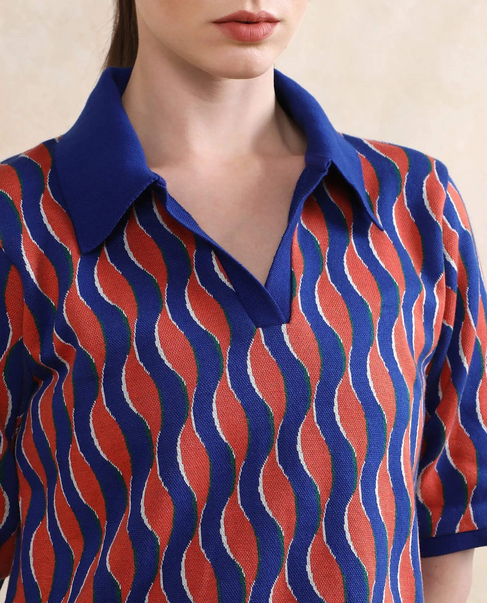 Rareism Women Sylvi Multi Cotton Fabric Short Sleeve Ribbed Collar Relaxed Fit Geometric Jacquard Top