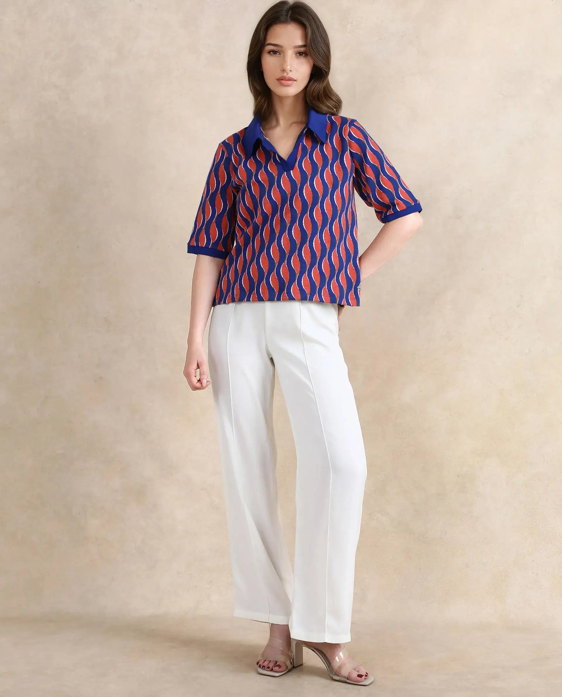 Rareism Women Sylvi Multi Cotton Fabric Short Sleeve Ribbed Collar Relaxed Fit Geometric Jacquard Top