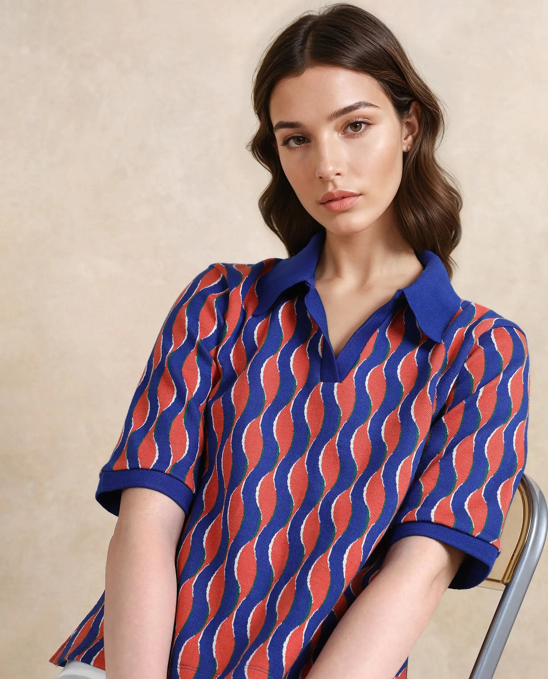 Rareism Women Sylvi Multi Cotton Fabric Short Sleeve Ribbed Collar Relaxed Fit Geometric Jacquard Top