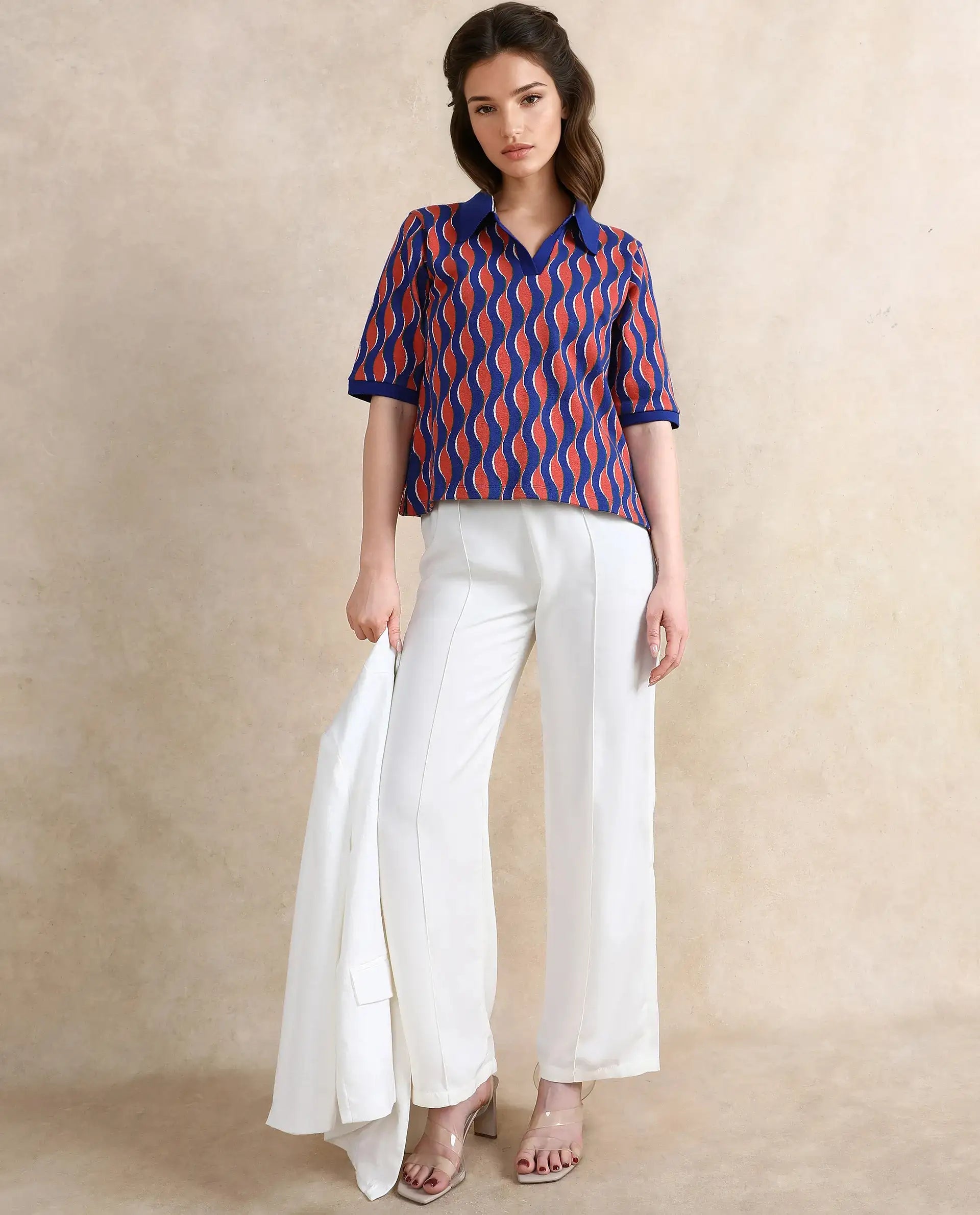 Rareism Women Sylvi Multi Cotton Fabric Short Sleeve Ribbed Collar Relaxed Fit Geometric Jacquard Top