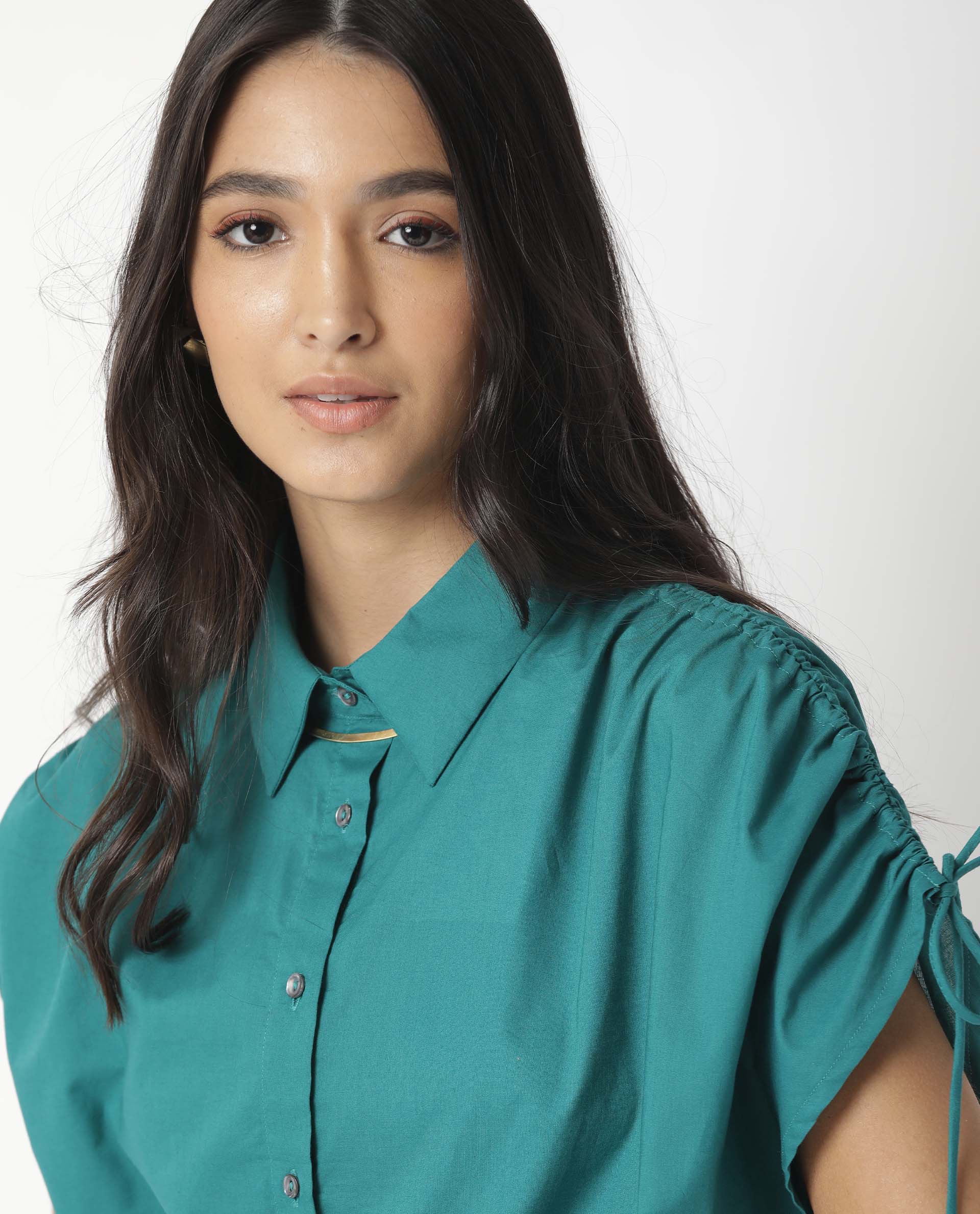 Rareism Women Tamara Dark Petrol Cotton Fabric Regular Fit Shirt Collar Half Sleeves Solid Top