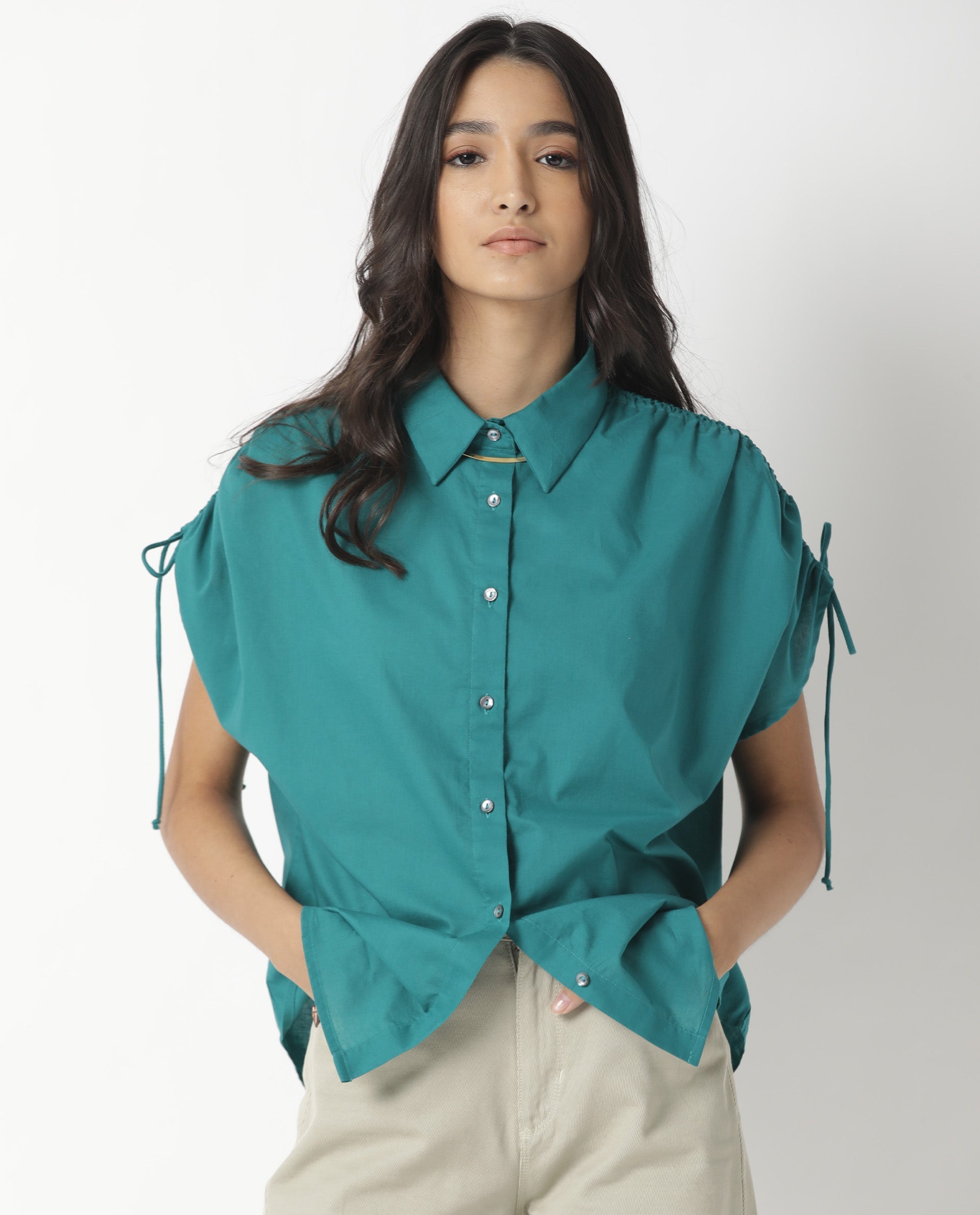 Rareism Women Tamara Dark Petrol Cotton Fabric Regular Fit Shirt Collar Half Sleeves Solid Top