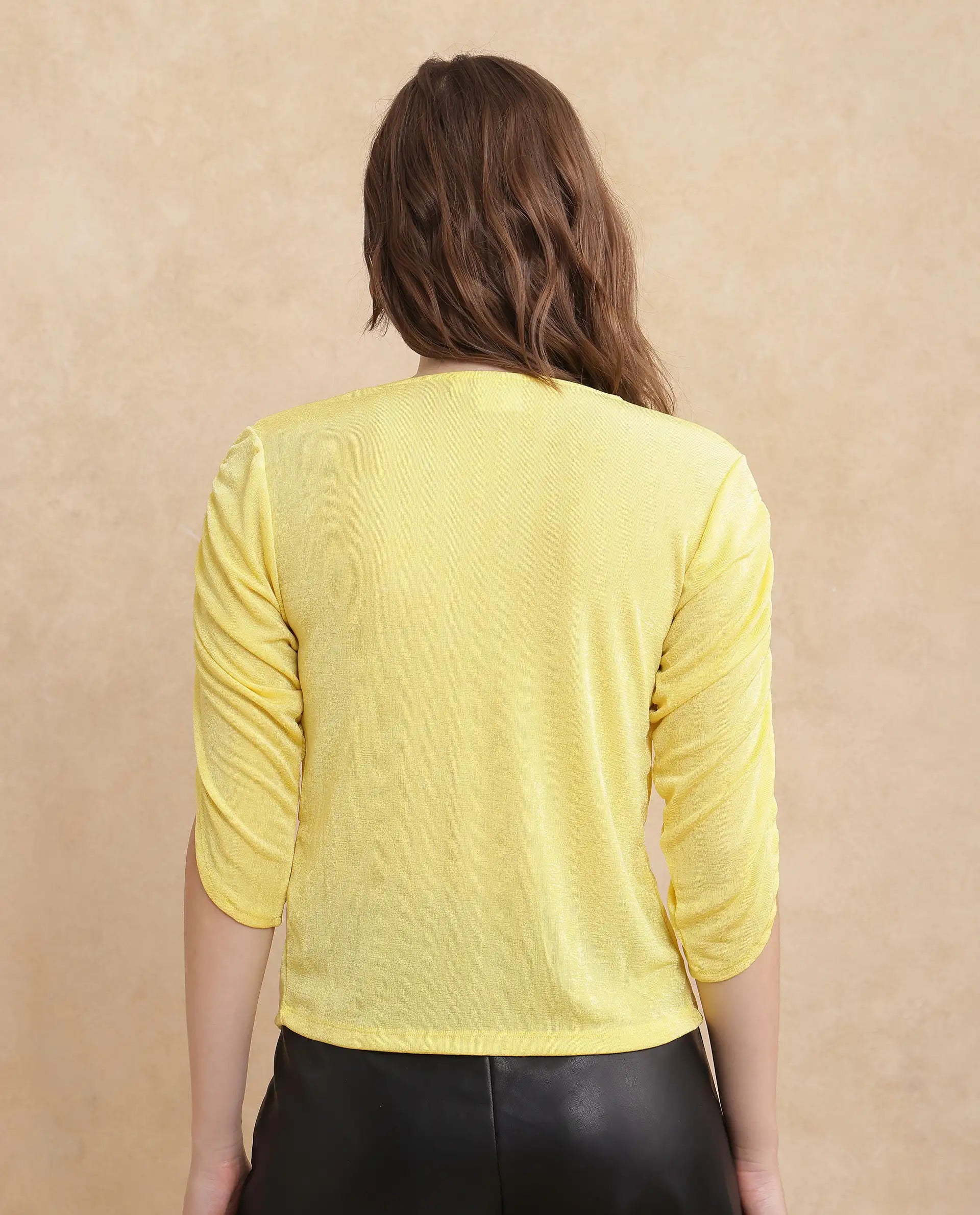 Rareism Women Tangiren Yellow Polyester Fabric Short Sleeve V-Neck Solid Regular Fit Top