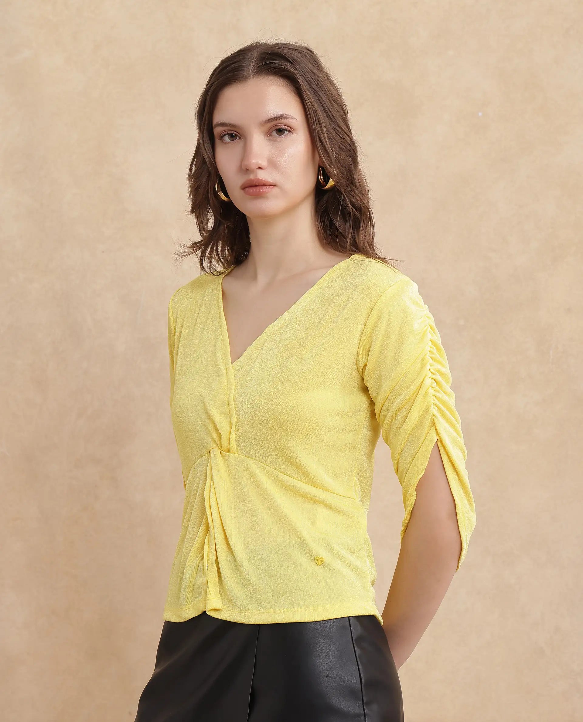 Rareism Women Tangiren Yellow Polyester Fabric Short Sleeve V-Neck Solid Regular Fit Top