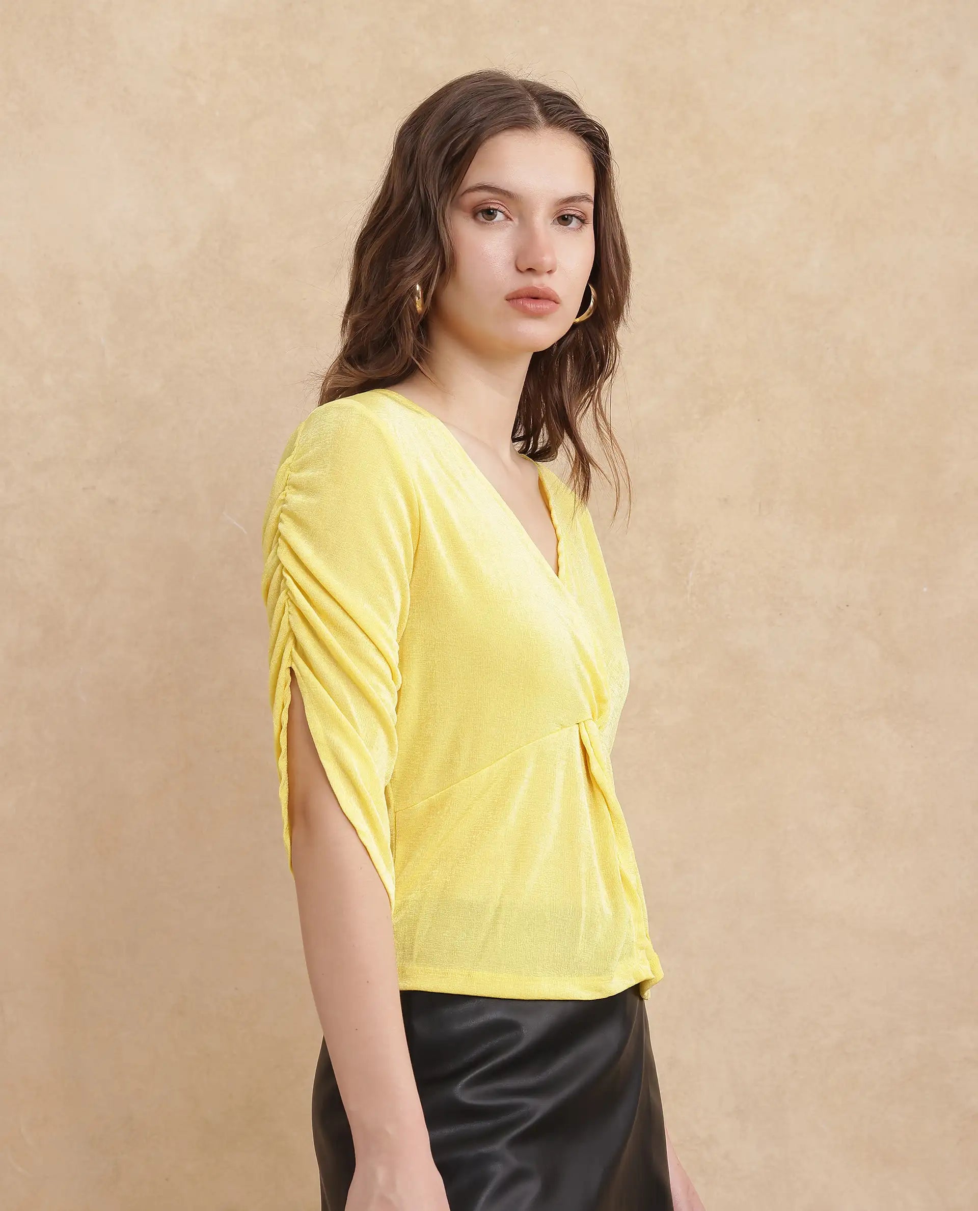 Rareism Women Tangiren Yellow Polyester Fabric Short Sleeve V-Neck Solid Regular Fit Top