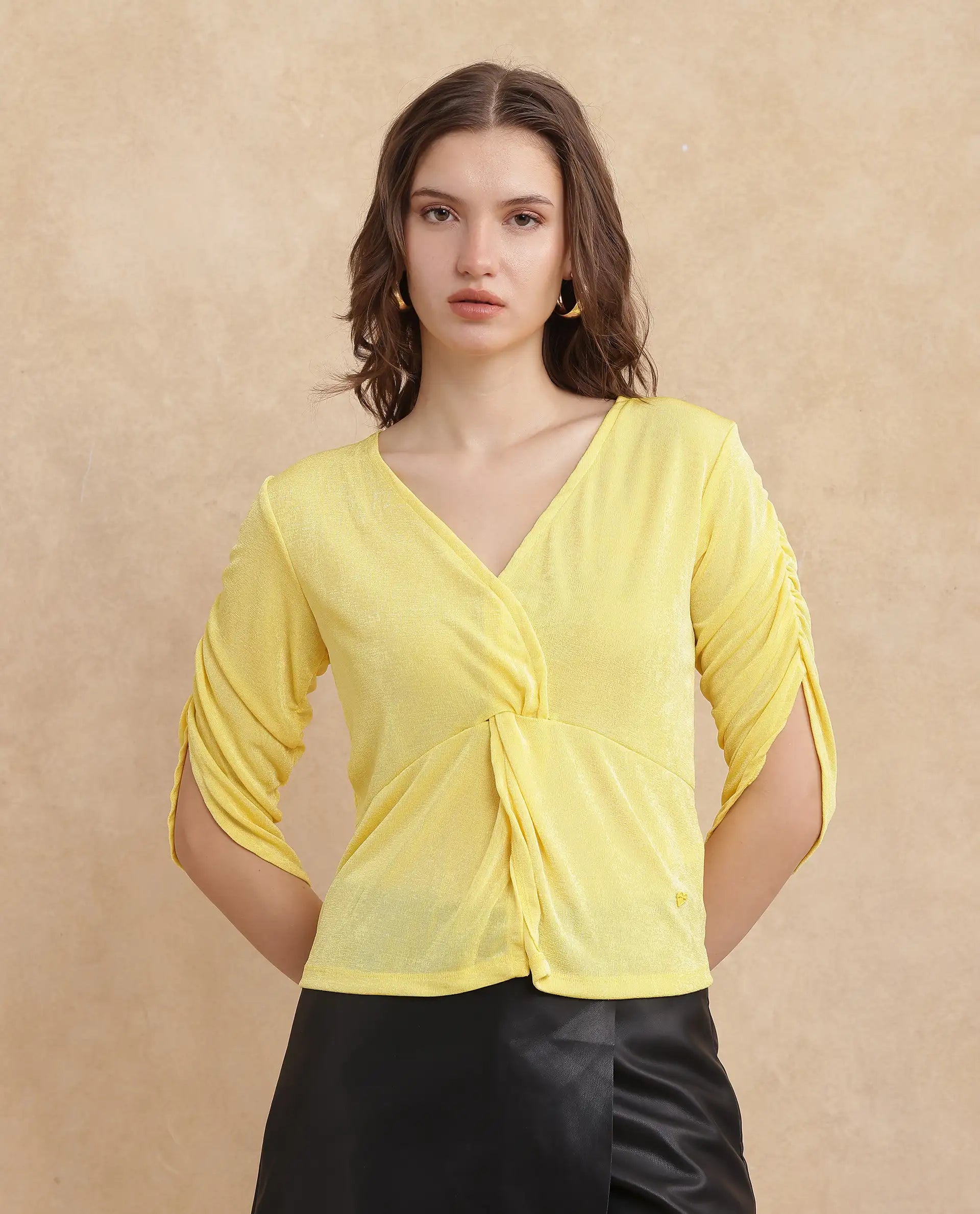 Rareism Women Tangiren Yellow Polyester Fabric Short Sleeve V-Neck Solid Regular Fit Top