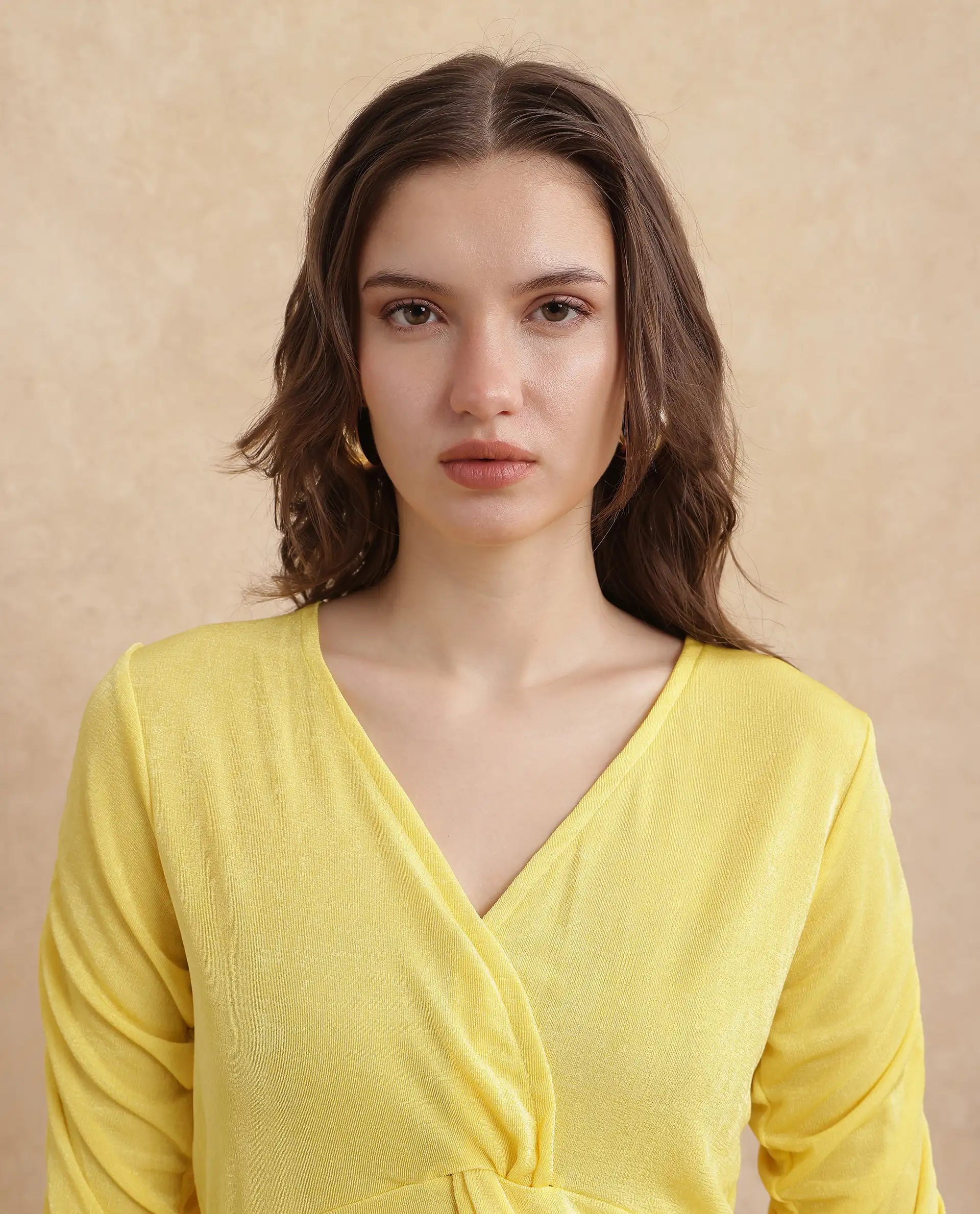 Rareism Women Tangiren Yellow Polyester Fabric Short Sleeve V-Neck Solid Regular Fit Top