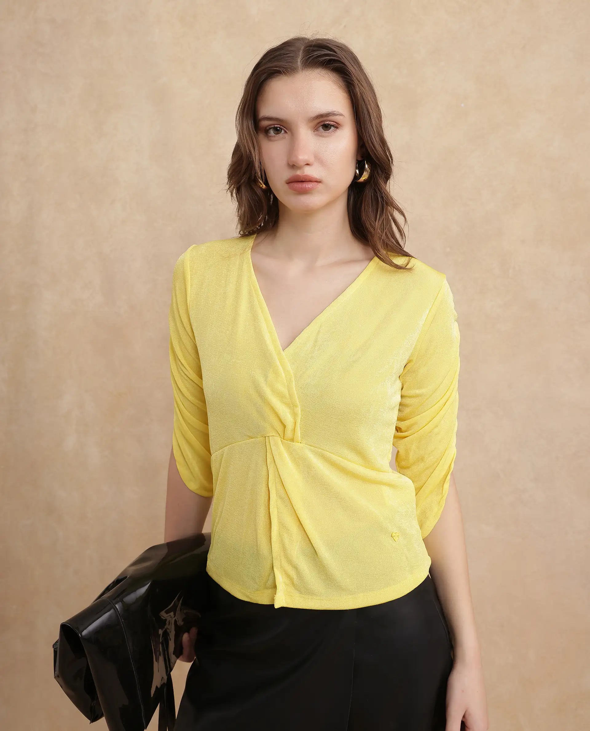 Rareism Women Tangiren Yellow Polyester Fabric Short Sleeve V-Neck Solid Regular Fit Top
