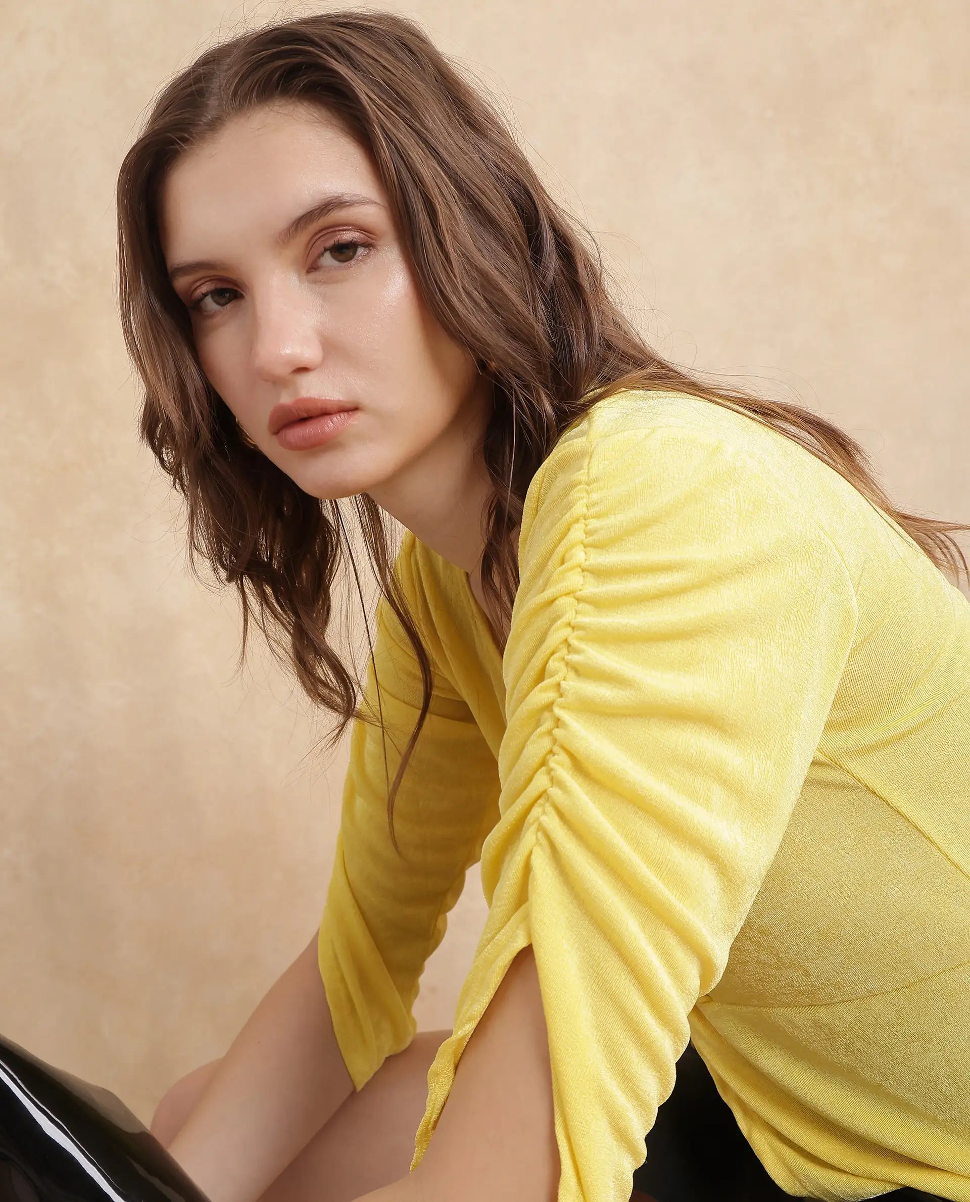 Rareism Women Tangiren Yellow Polyester Fabric Short Sleeve V-Neck Solid Regular Fit Top