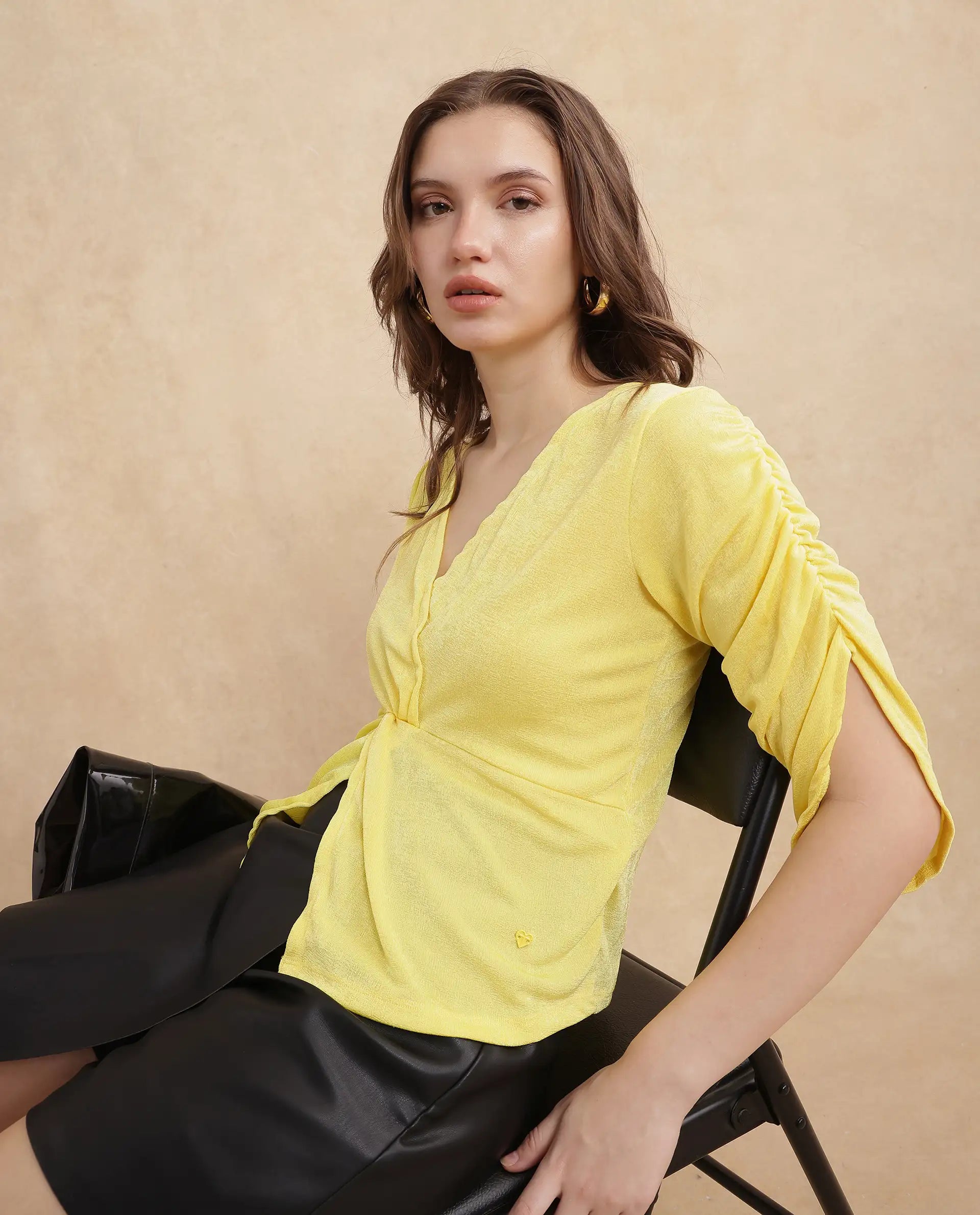 Rareism Women Tangiren Yellow Polyester Fabric Short Sleeve V-Neck Solid Regular Fit Top
