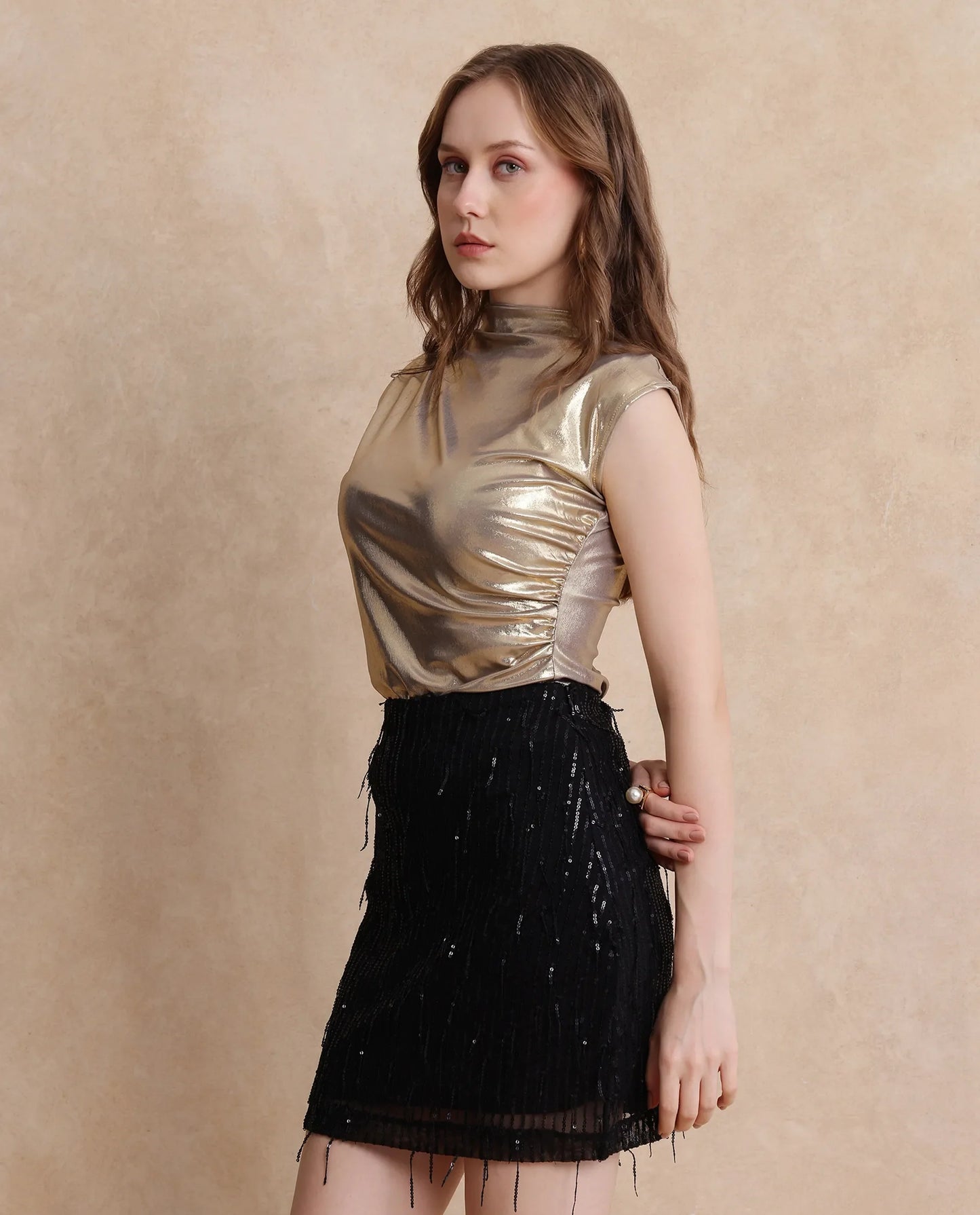 Rareism Women Tangui Metallic Gold Polyester Fabric Sleeveless High Neck Fitted Plain Top