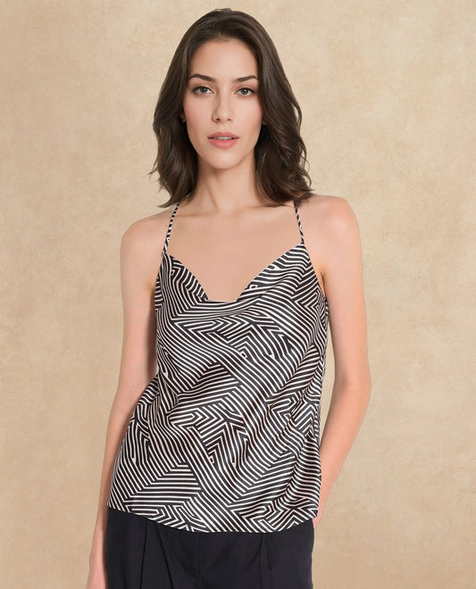 Rareism Women Tarano Black Shoulder Straps Cowl Neck  Geometric Print Top