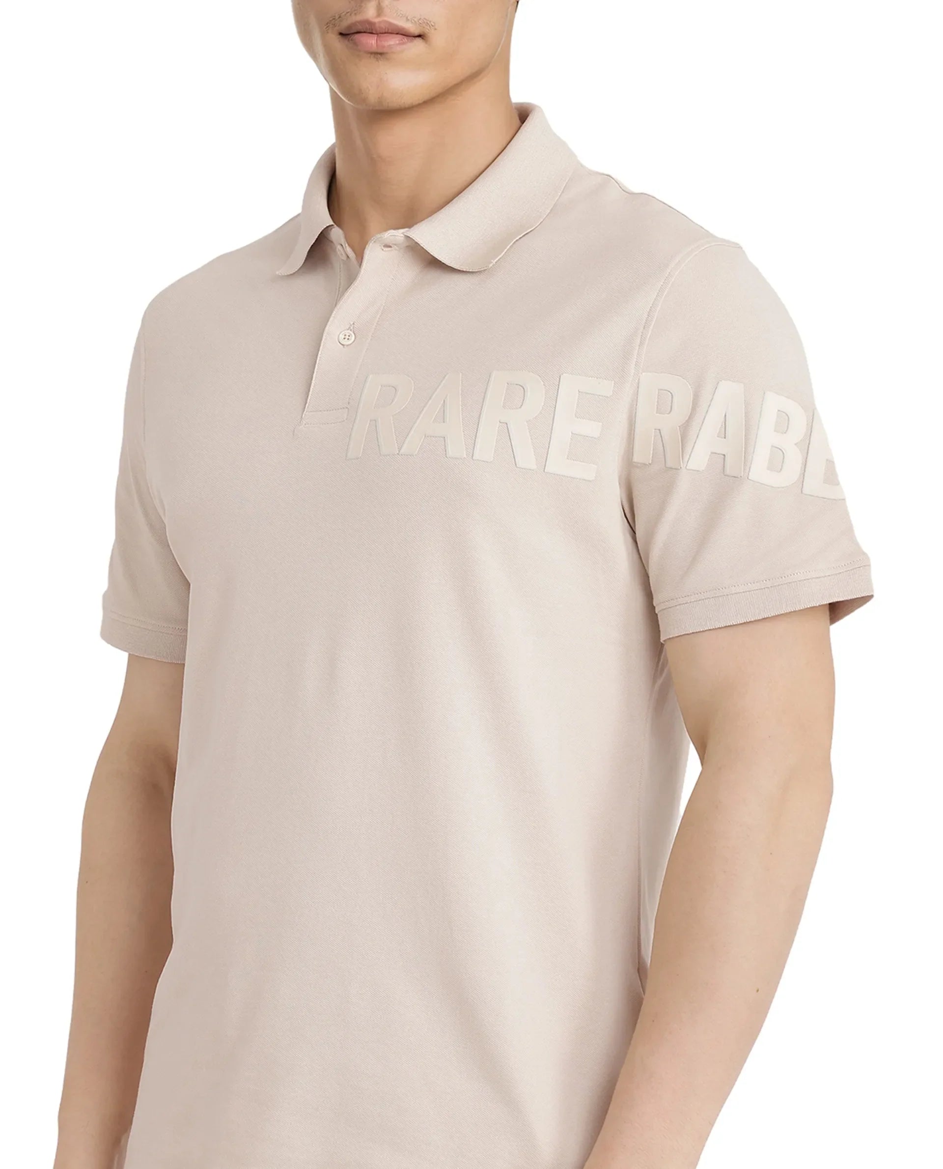 Rare Rabbit Men Taro Light Beige Cotton Blend Short Sleeve Regular Fit Regular Collared Plain Polo