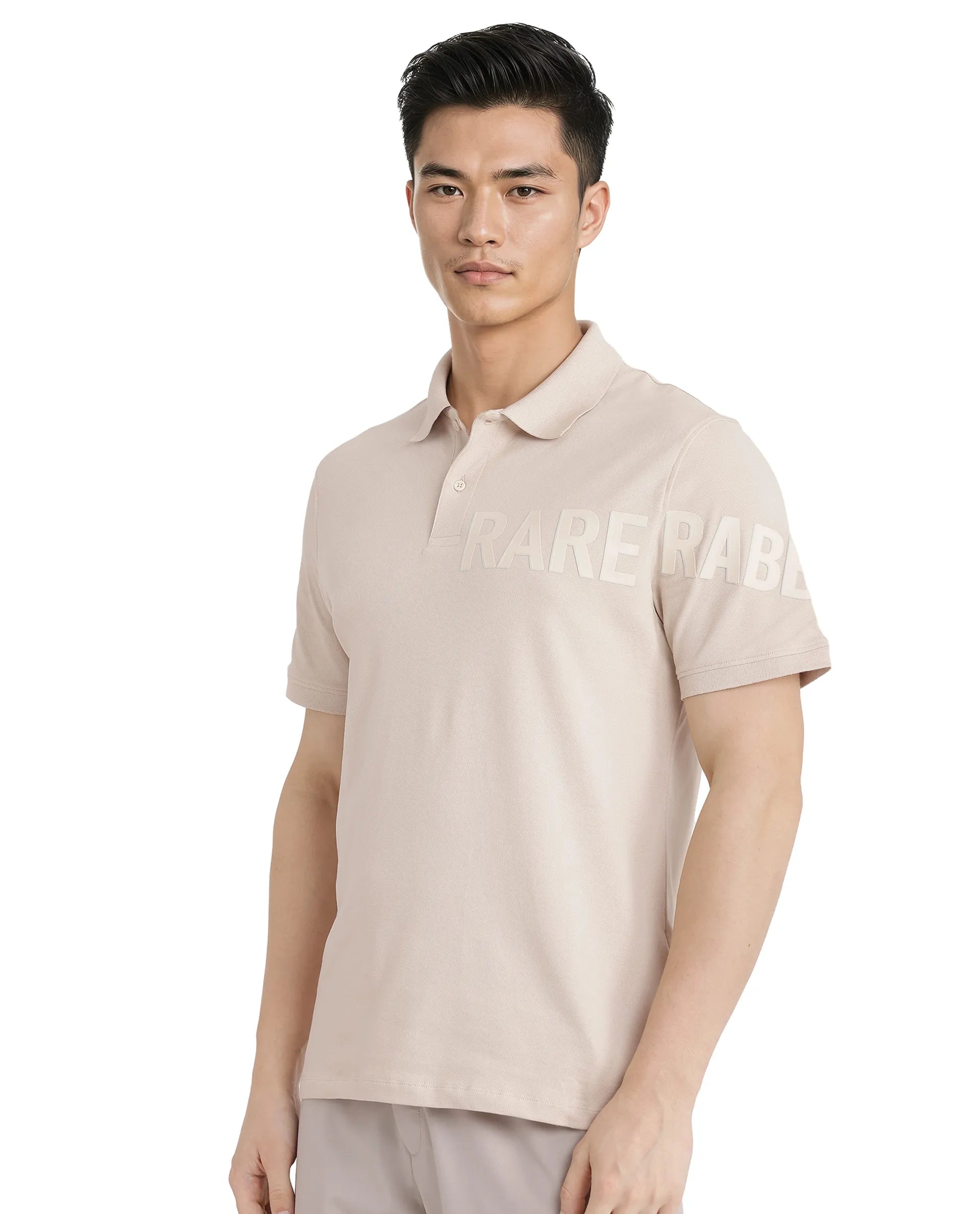 Rare Rabbit Men Taro Light Beige Cotton Blend Short Sleeve Regular Fit Regular Collared Plain Polo